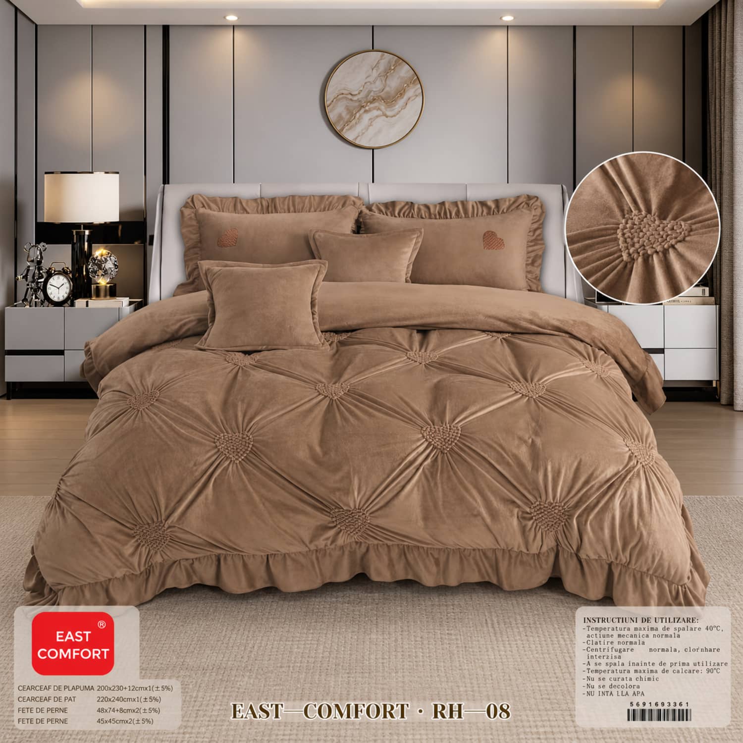 Lenjerie pat dublu din catifea de lapte, Cocolino cu fir scurt și volane, 6 piese, model maro cappuccino cu romburi si volane | East Comfort