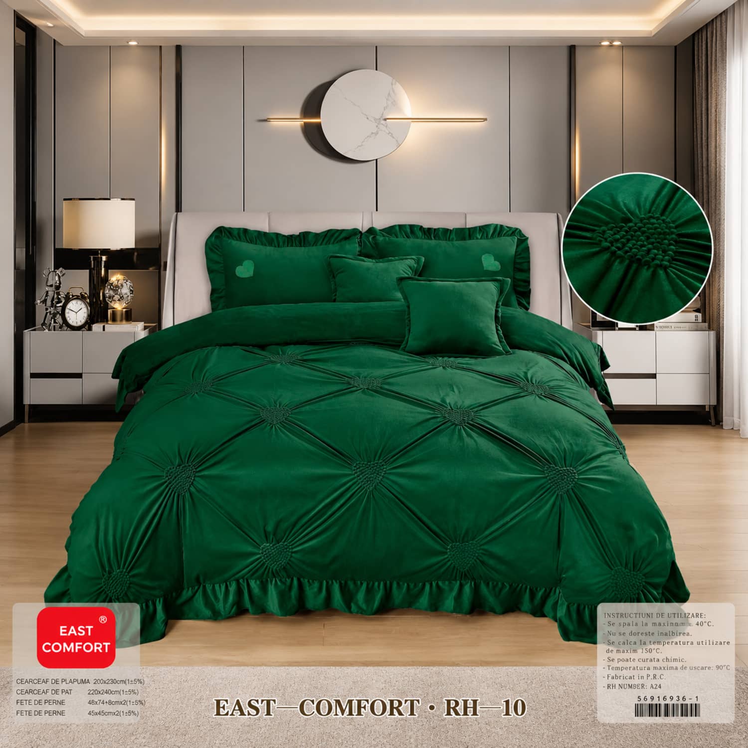 Lenjerie pat dublu din catifea de lapte, Cocolino cu fir scurt și volane, 6 piese, model verde smarald cu romburi si volane | East Comfort