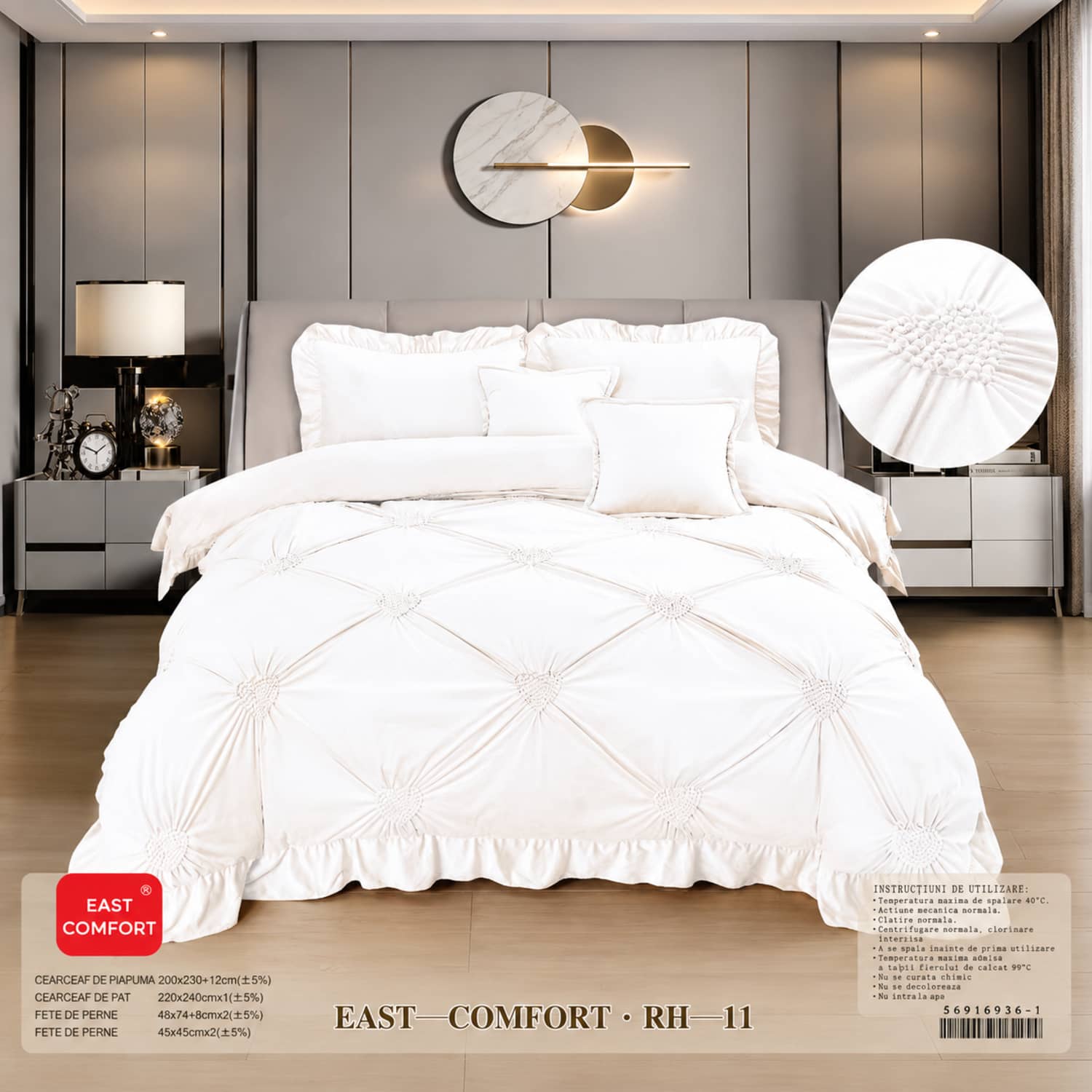 Lenjerie pat dublu din catifea de lapte, Cocolino cu fir scurt și volane, 6 piese, model alb cu romburi si volane | East Comfort