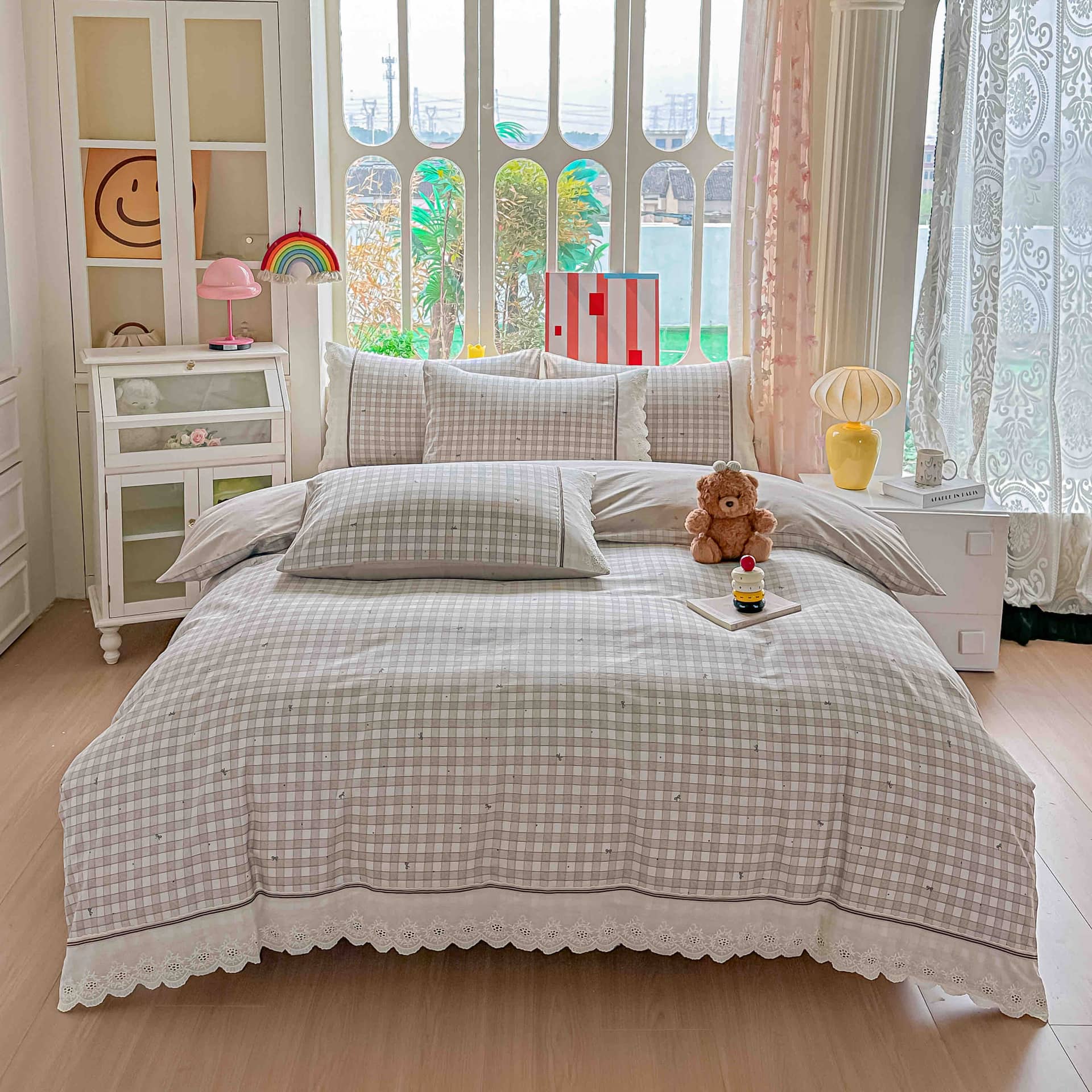 Lenjerie pat dublu, 100% bumbac, elastic, 4 piese, model bej cu carouri |Jojo Home