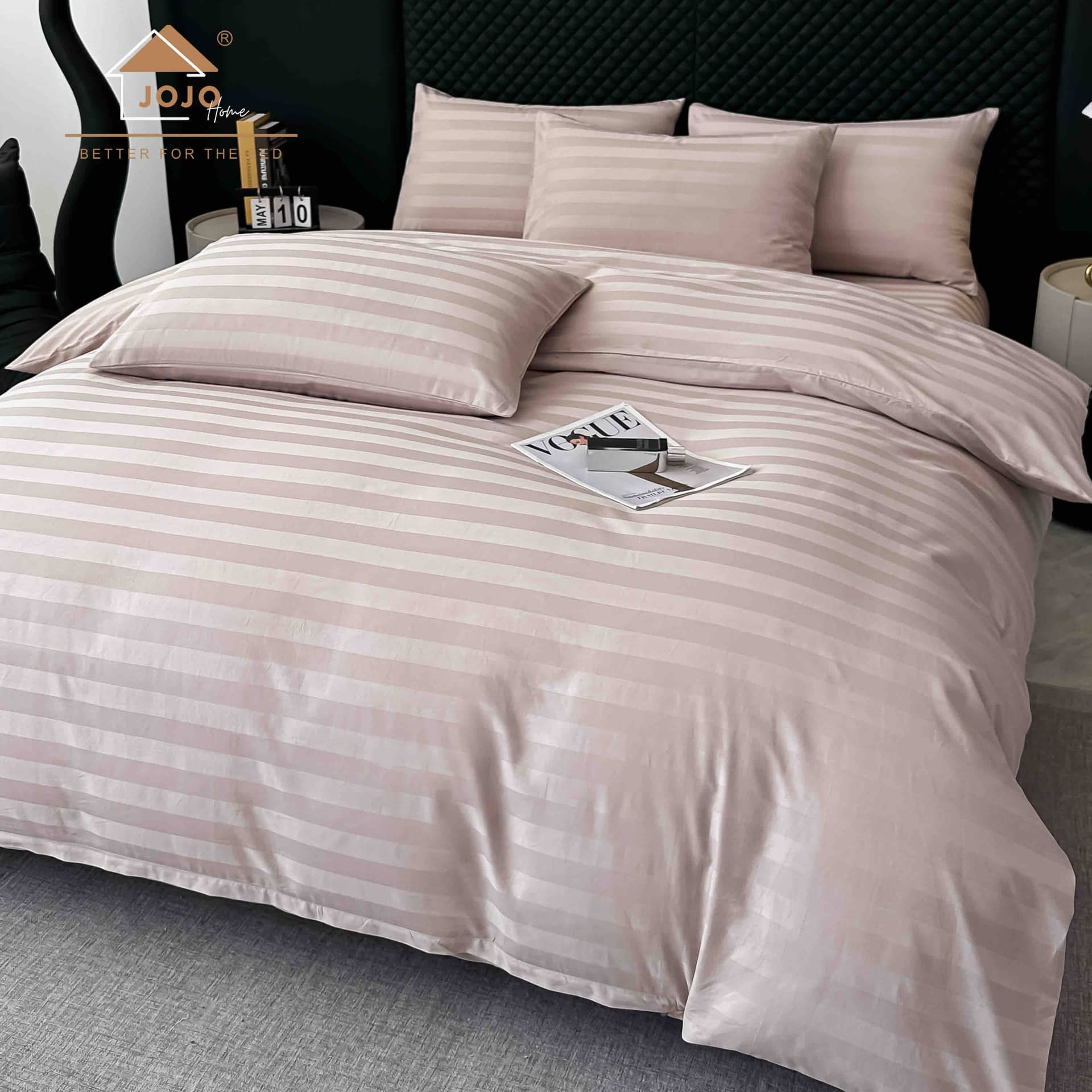 Lenjerie pat dublu, 100% bumbac, Damasc Deluxe, elastic, 6 piese, model roz somon cu dungi | Jojo Home