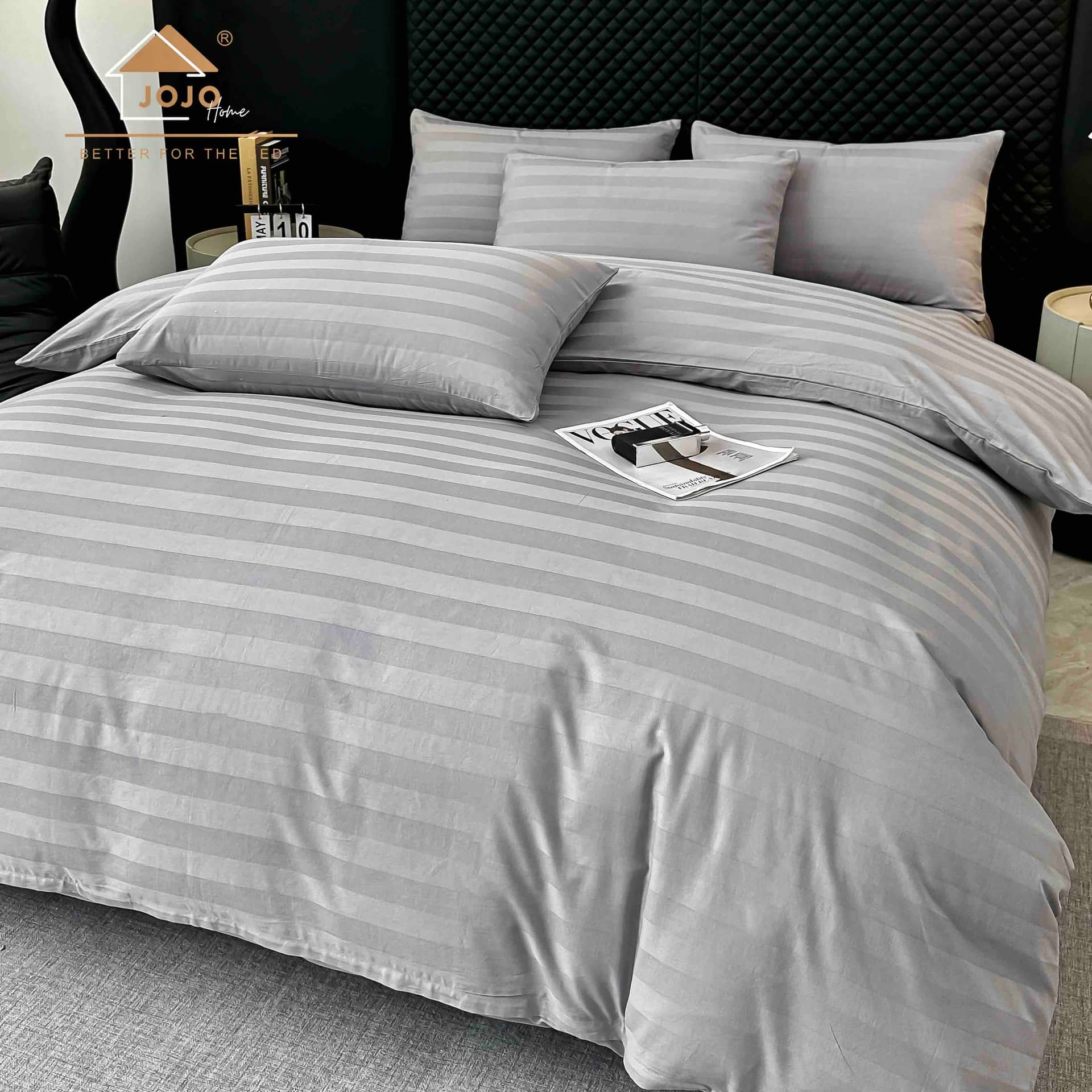 Lenjerie pat dublu, 100% bumbac, Damasc Deluxe, elastic, 6 piese, model gri deschis cu dungi | Jojo Home