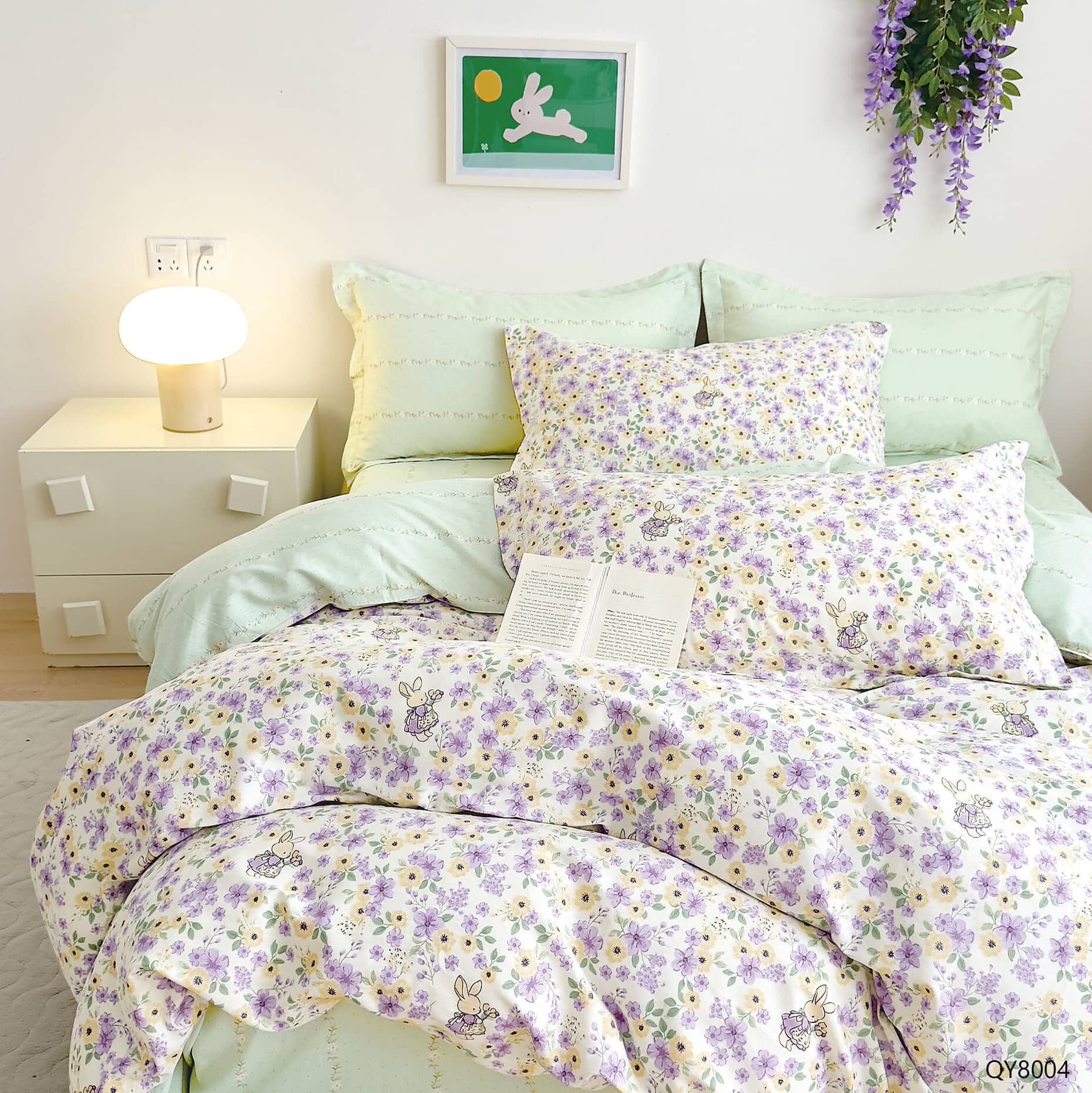 Lenjerie pat dublu, 100% bumbac percal, elastic, 4 piese, model verde menta cu flori mov | Primavara