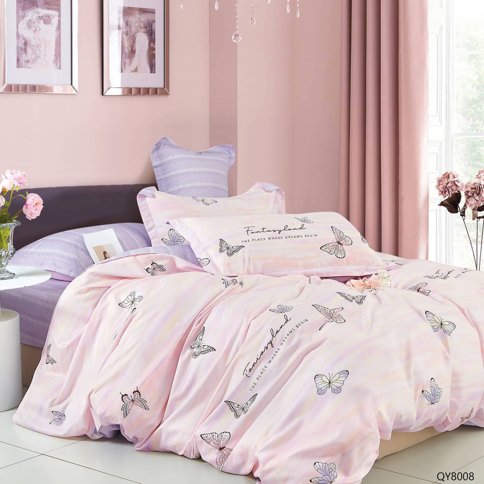 Lenjerie pat dublu, 100% bumbac percal, elastic, 4 piese, model roz cu fluturi | Primavara