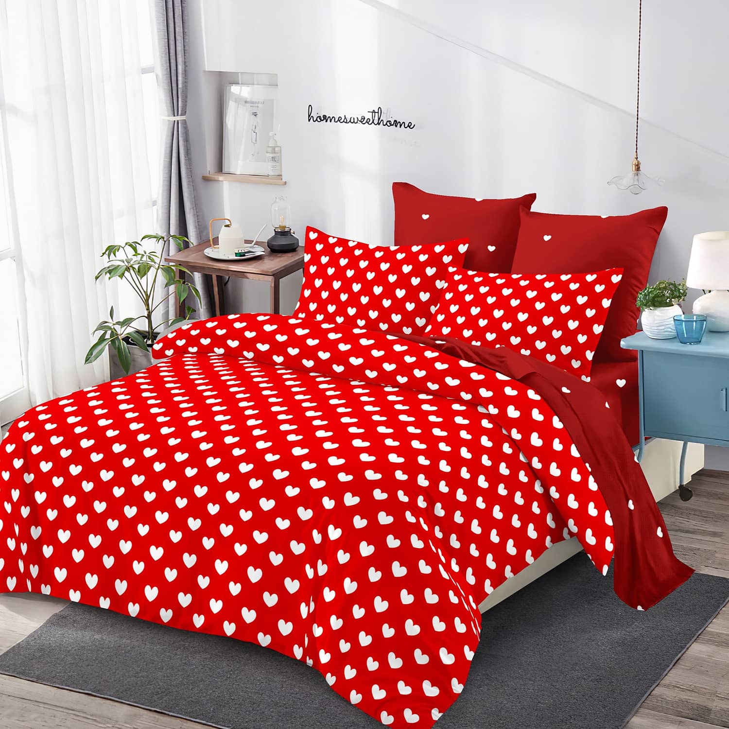 Lenjerie pat dublu, finet, elastic, 6 piese, model rosu cu buline albe | Primavara