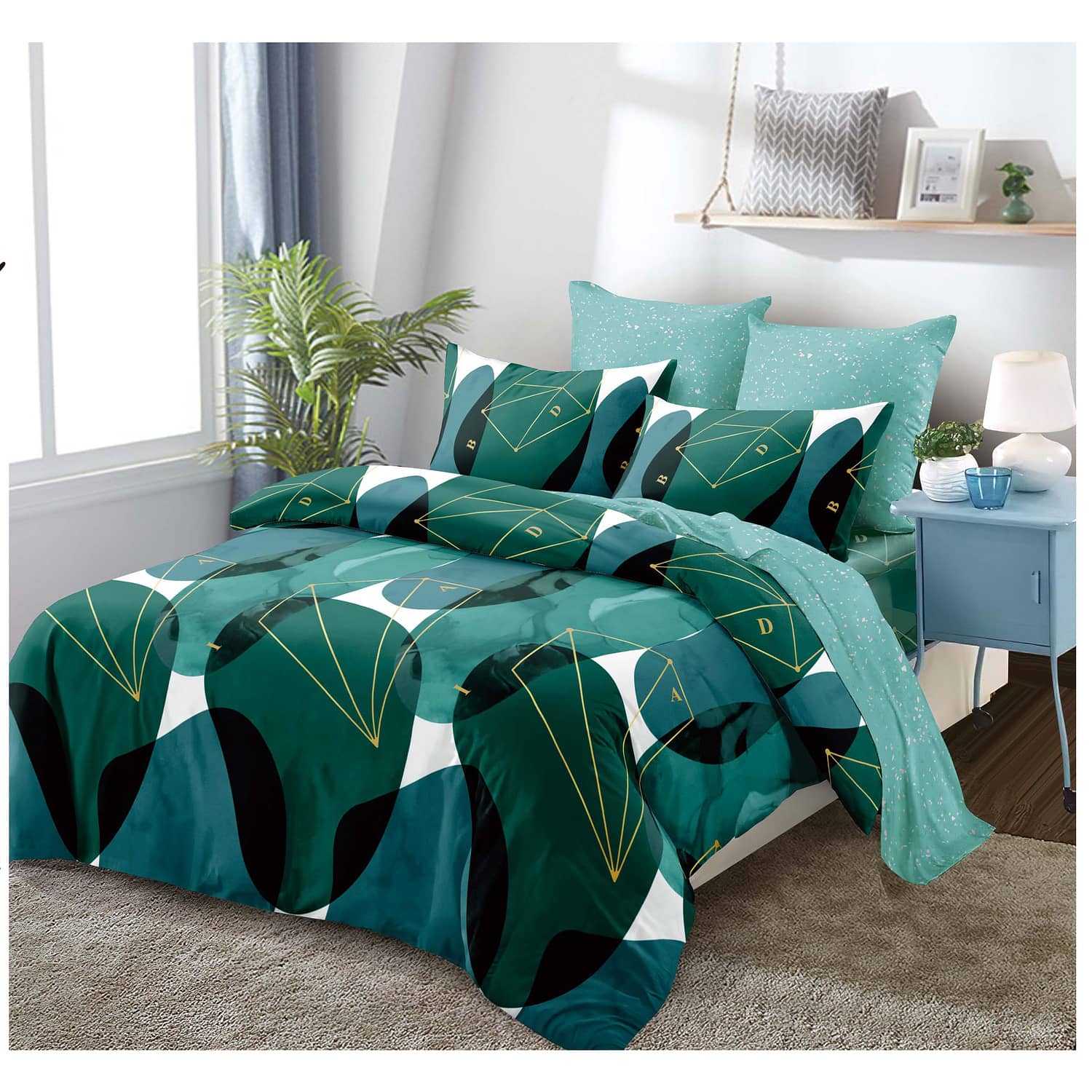Lenjerie pat dublu, finet, elastic, 6 piese, model verde petrol cu frunze geometrice | Primavara