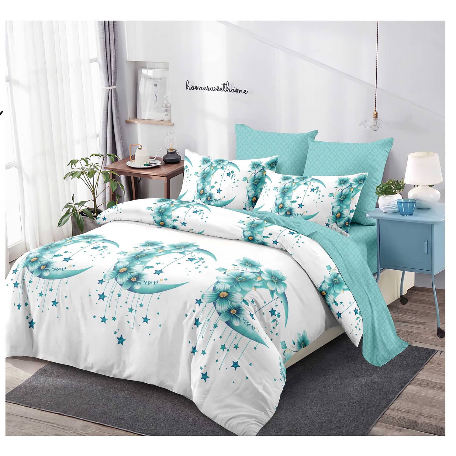 Lenjerie pat dublu, finet, elastic, 6 piese, model alb turcoaz cu cercuri florale | Primavara