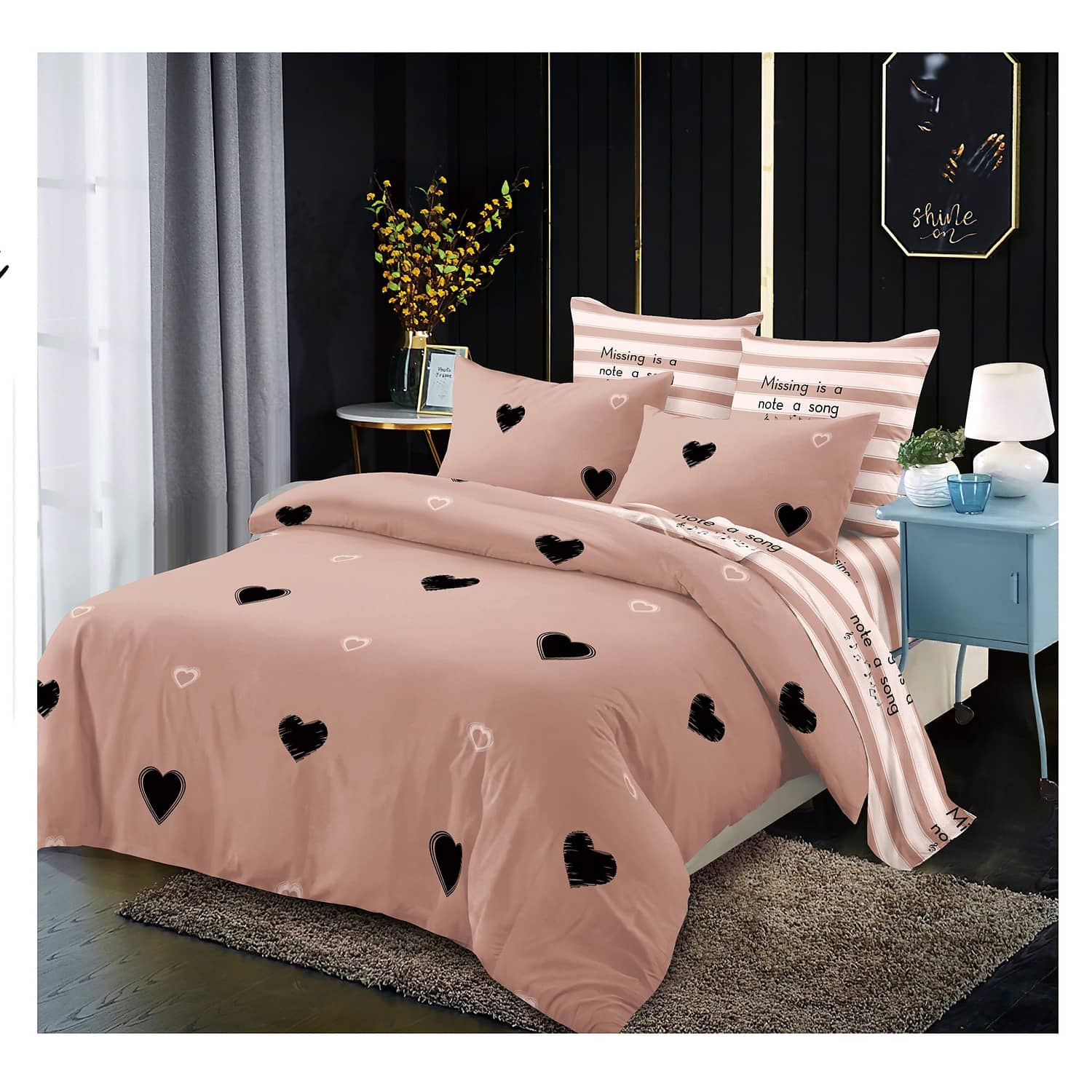 Lenjerie pat dublu, finet, elastic, 6 piese, model roz pudrat cu inimi negre | Primavara