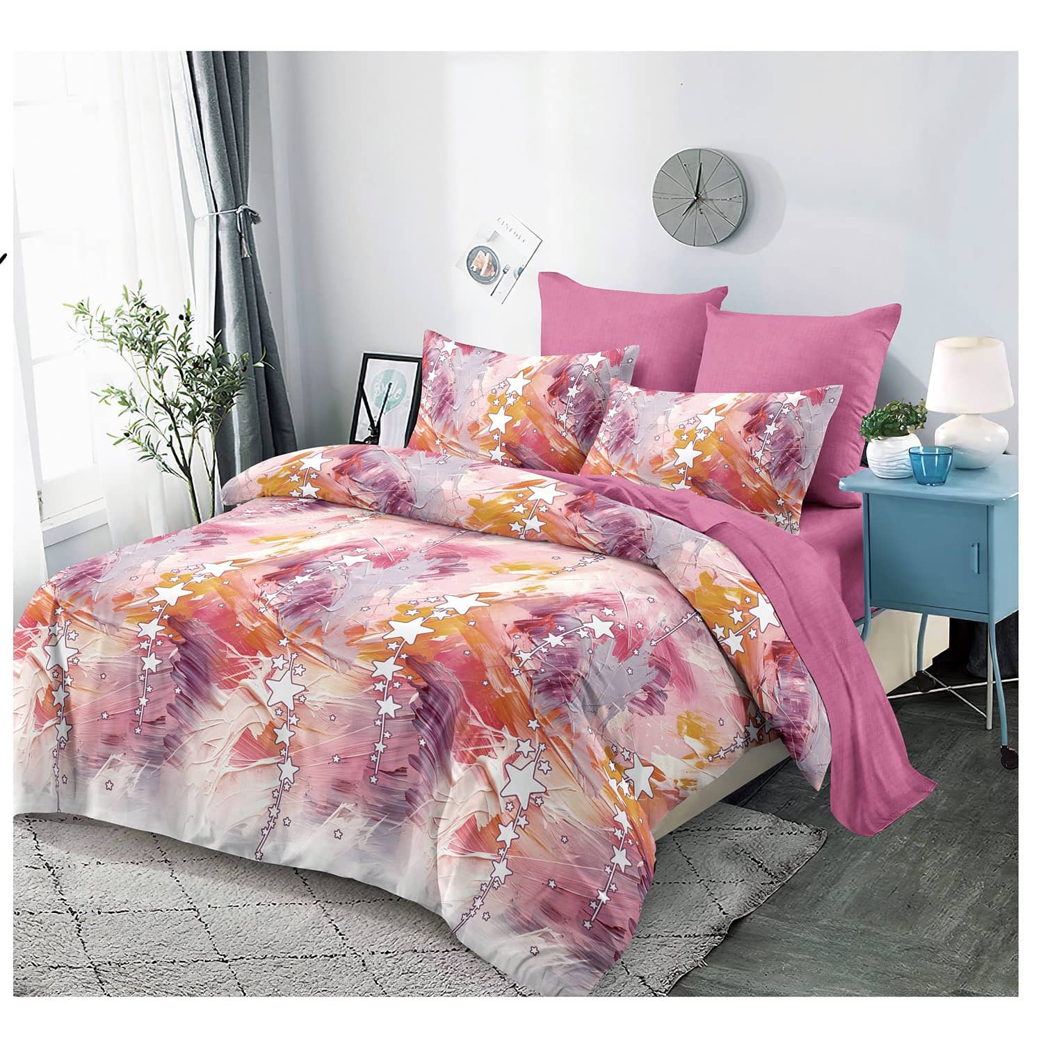 Lenjerie pat dublu, finet, elastic, 6 piese, model roz cu flori multicolore | Primavara