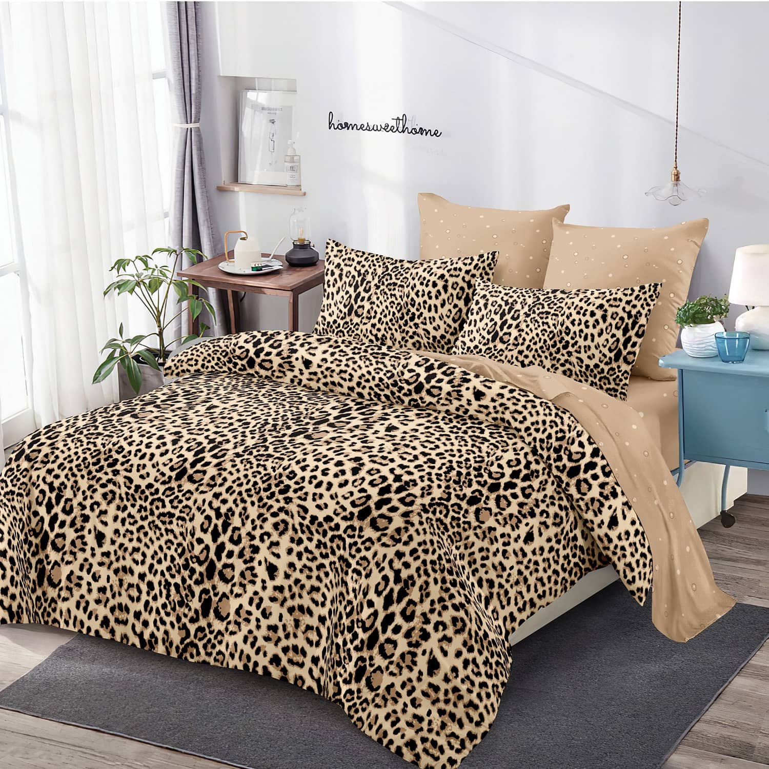 Lenjerie pat dublu, finet, elastic, 6 piese, model maro leopard | Primavara