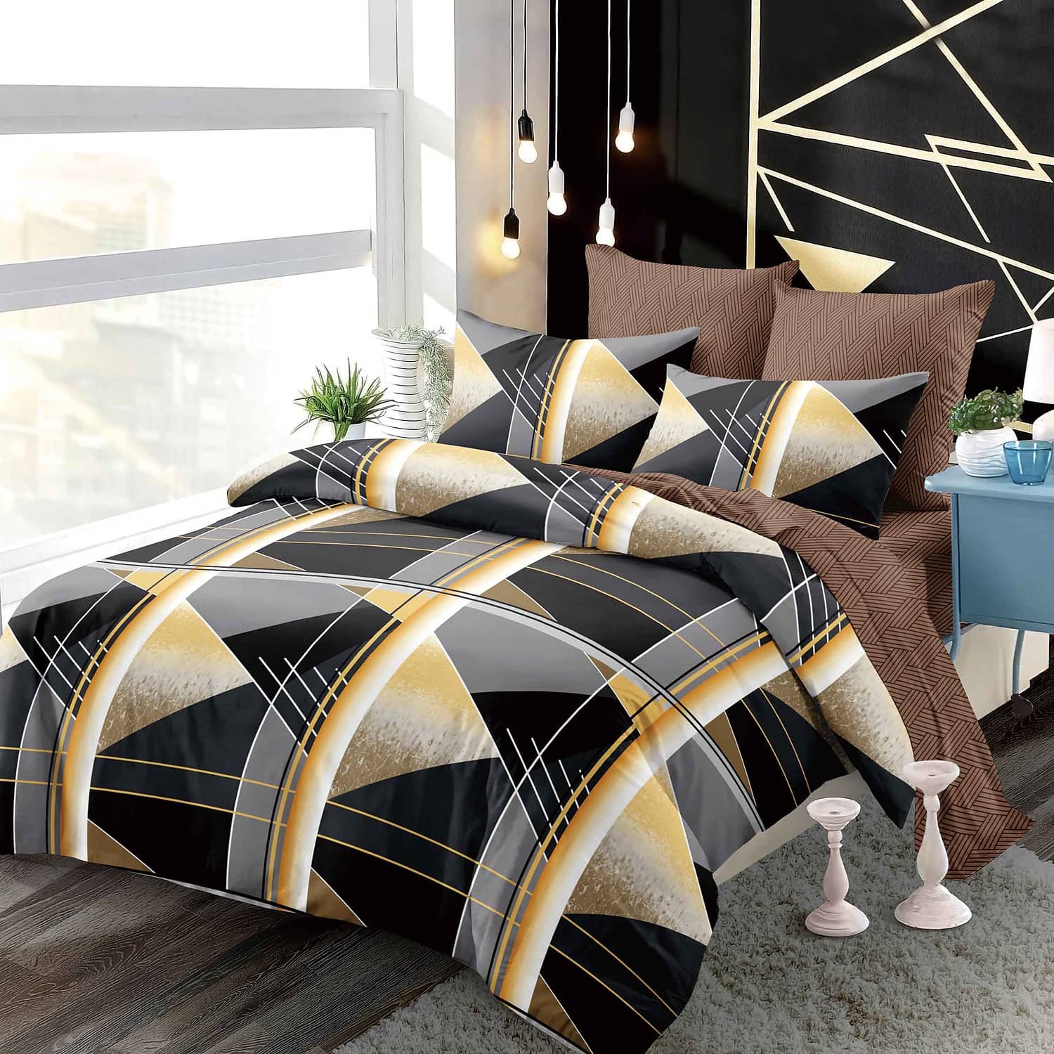 Lenjerie pat dublu, finet, elastic, 6 piese, model negru cu carouri galbene | Primavara