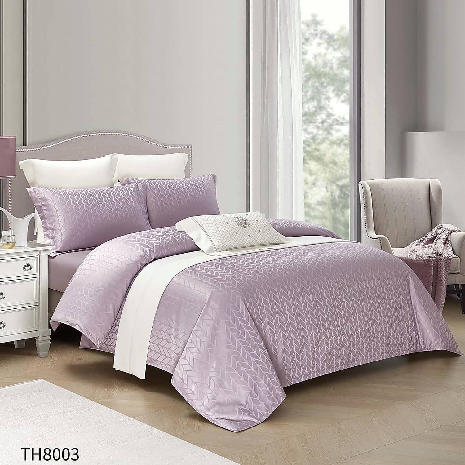 Lenjerie pat dublu, Jacquard, elastic, 4 piese, model lila cu romburi mici | Primavara