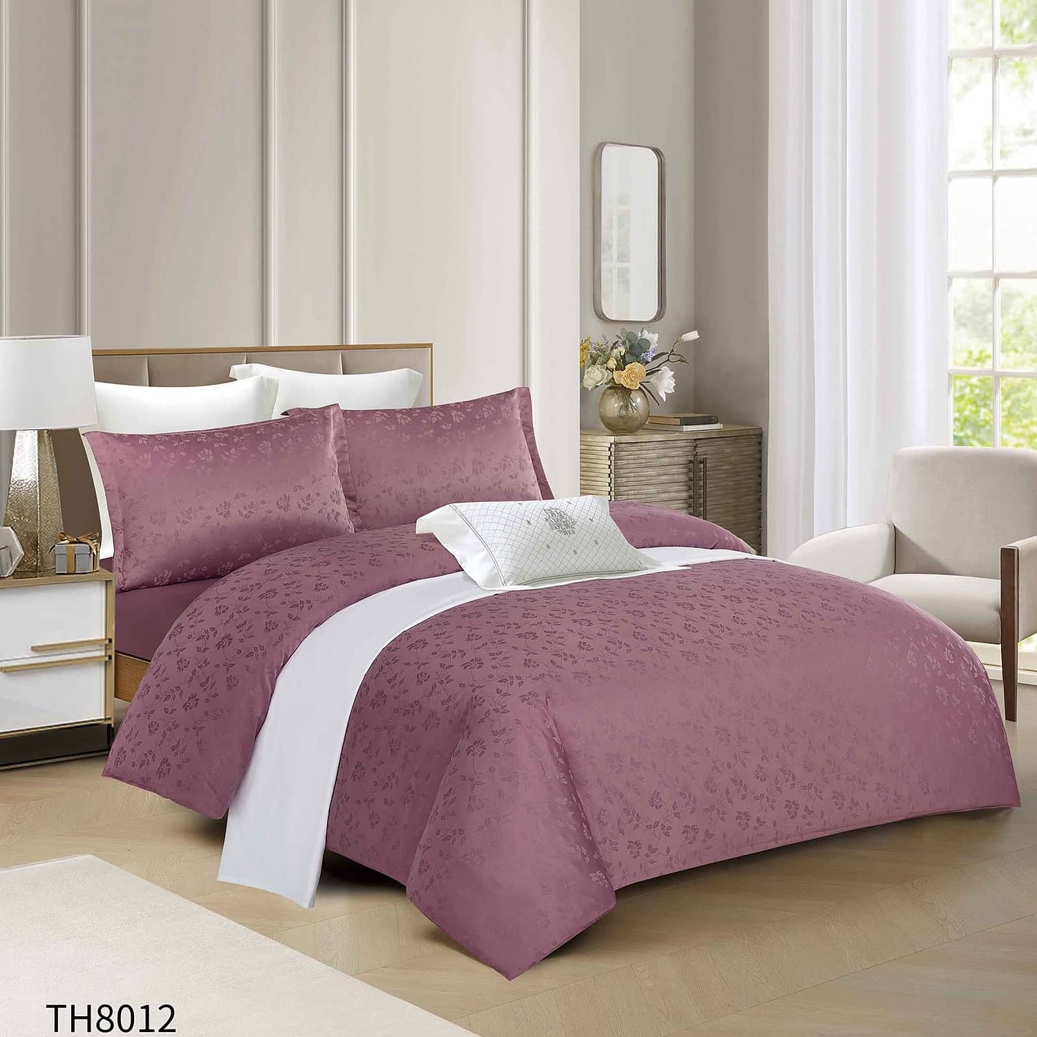 Lenjerie pat dublu, Jacquard, elastic, 4 piese, model mov pruna cu puncte geometrice | Primavara