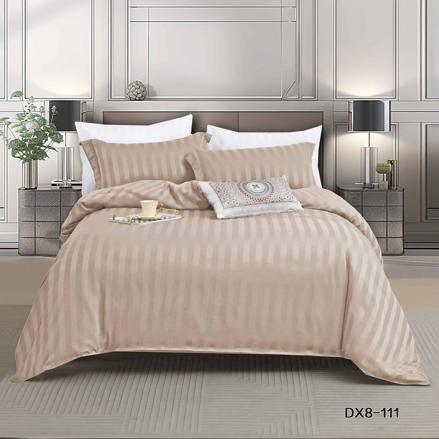 Lenjerie pat single, Damasc Finetat, cu elastic, 4 piese, model bej taupe cu dungi satinate | Primavara