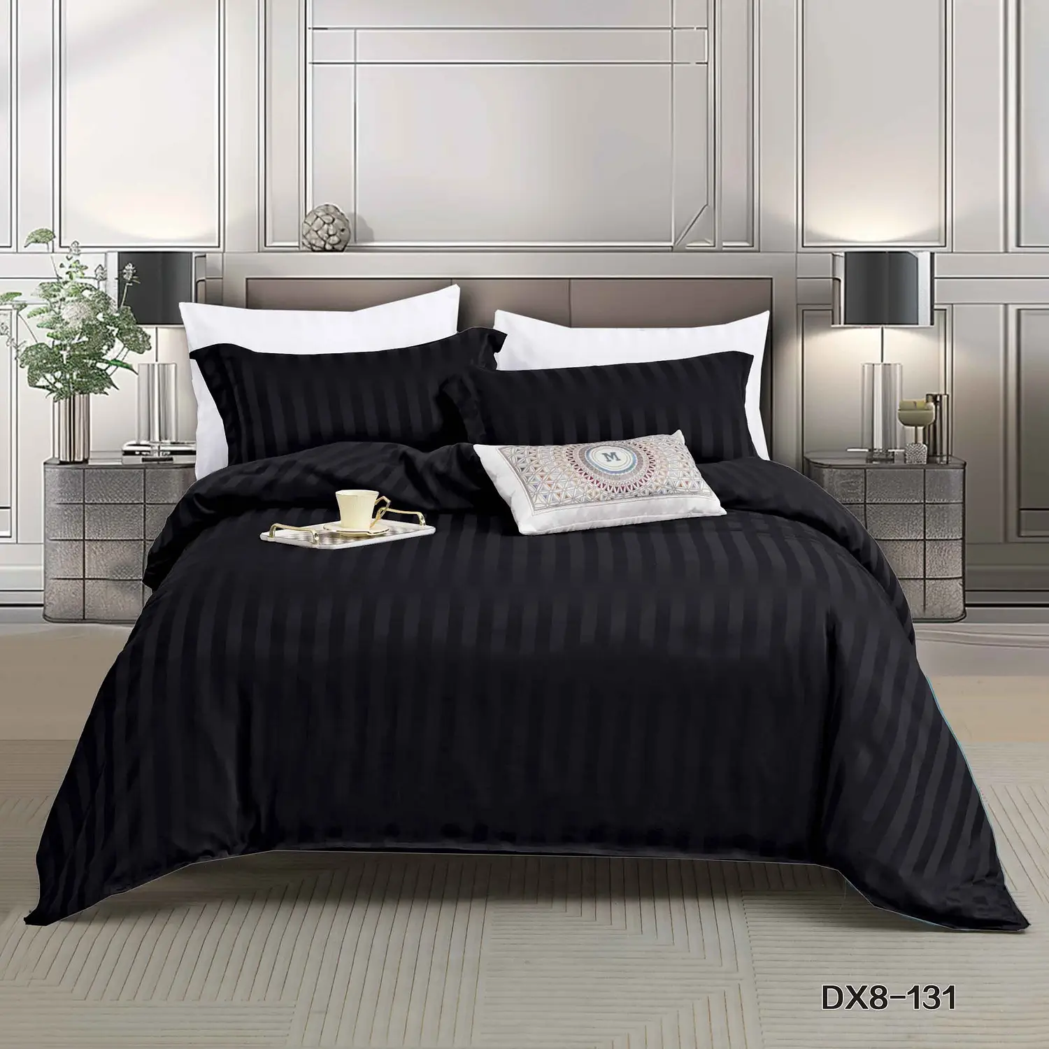 Lenjerie pat single, Damasc Finetat, cu elastic, 4 piese, model negru cu dungi satinate | Primavara
