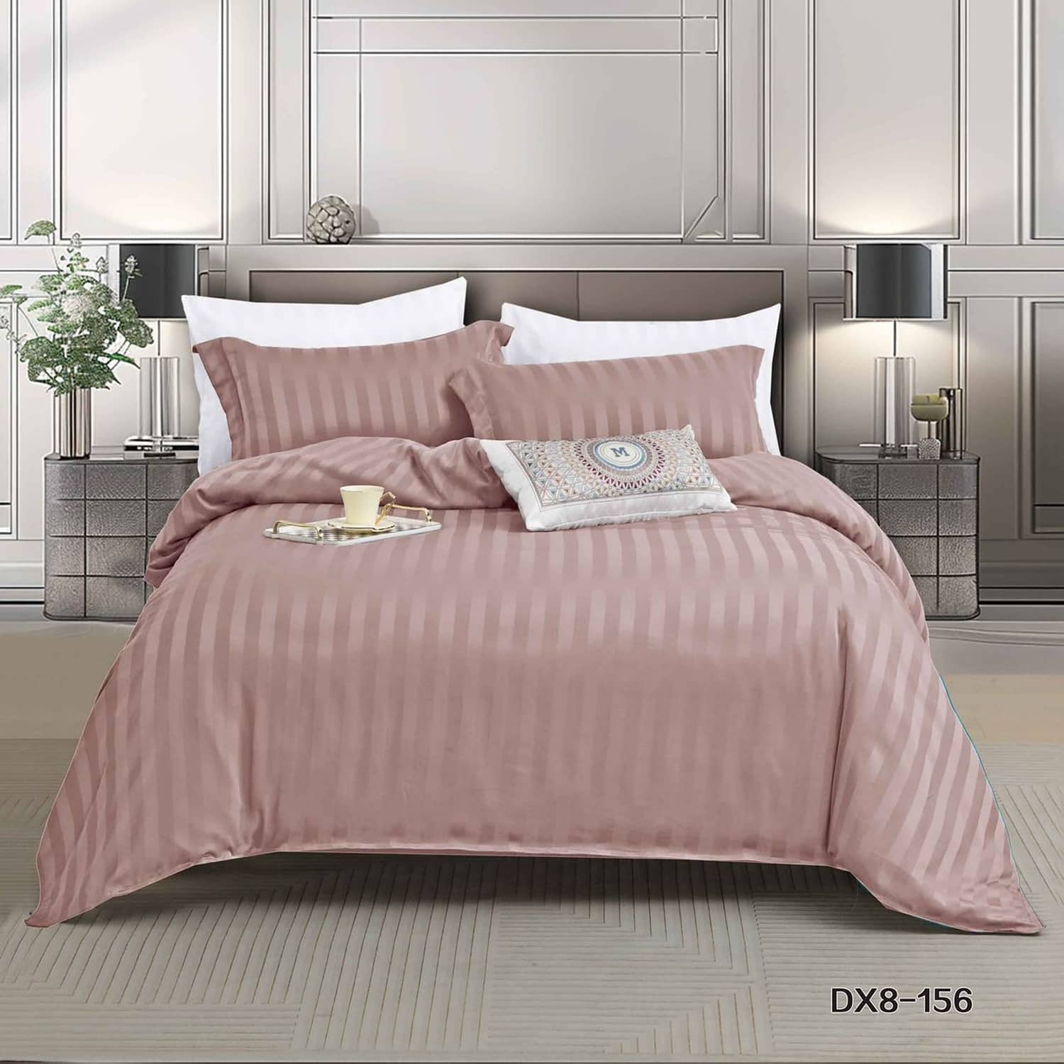Lenjerie pat single, Damasc Finetat, cu elastic, 4 piese, model roz pudrat cu dungi satinate | Primavara