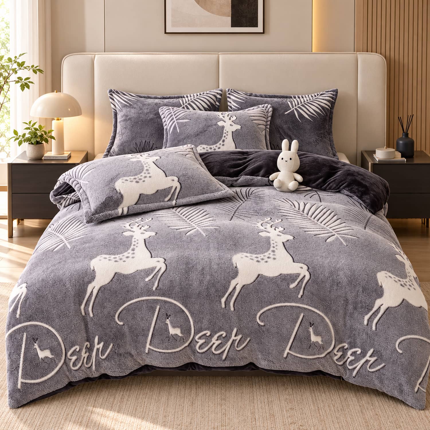 Lenjerie pat single, Cocolino, fără elastic, 4 piese, model gri antracit cu cerbi | Jojo Home