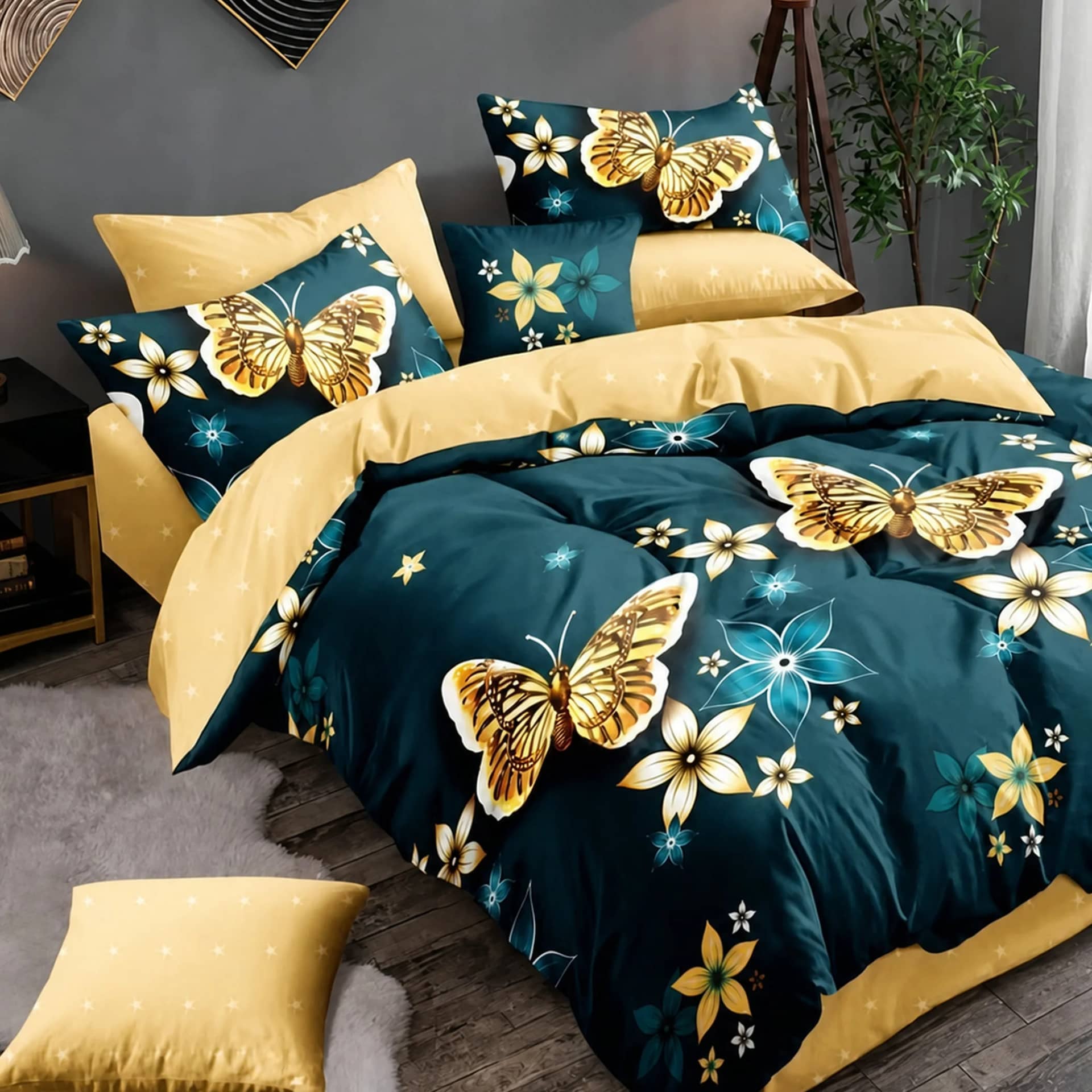 Lenjerie de pat dublu (180x200cm) cu elastic, finet gros 6 piese, model fluturi și flori