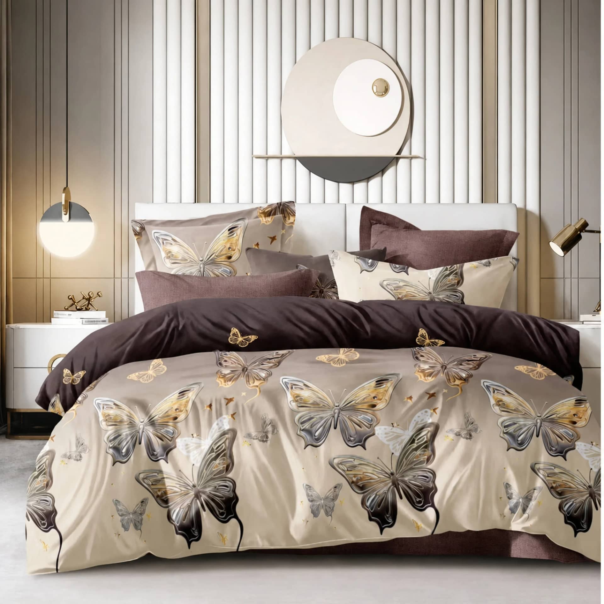 Lenjerie de pat dublu (180x200cm) cu elastic, finet gros 6 piese, model fluturi maro-aurii