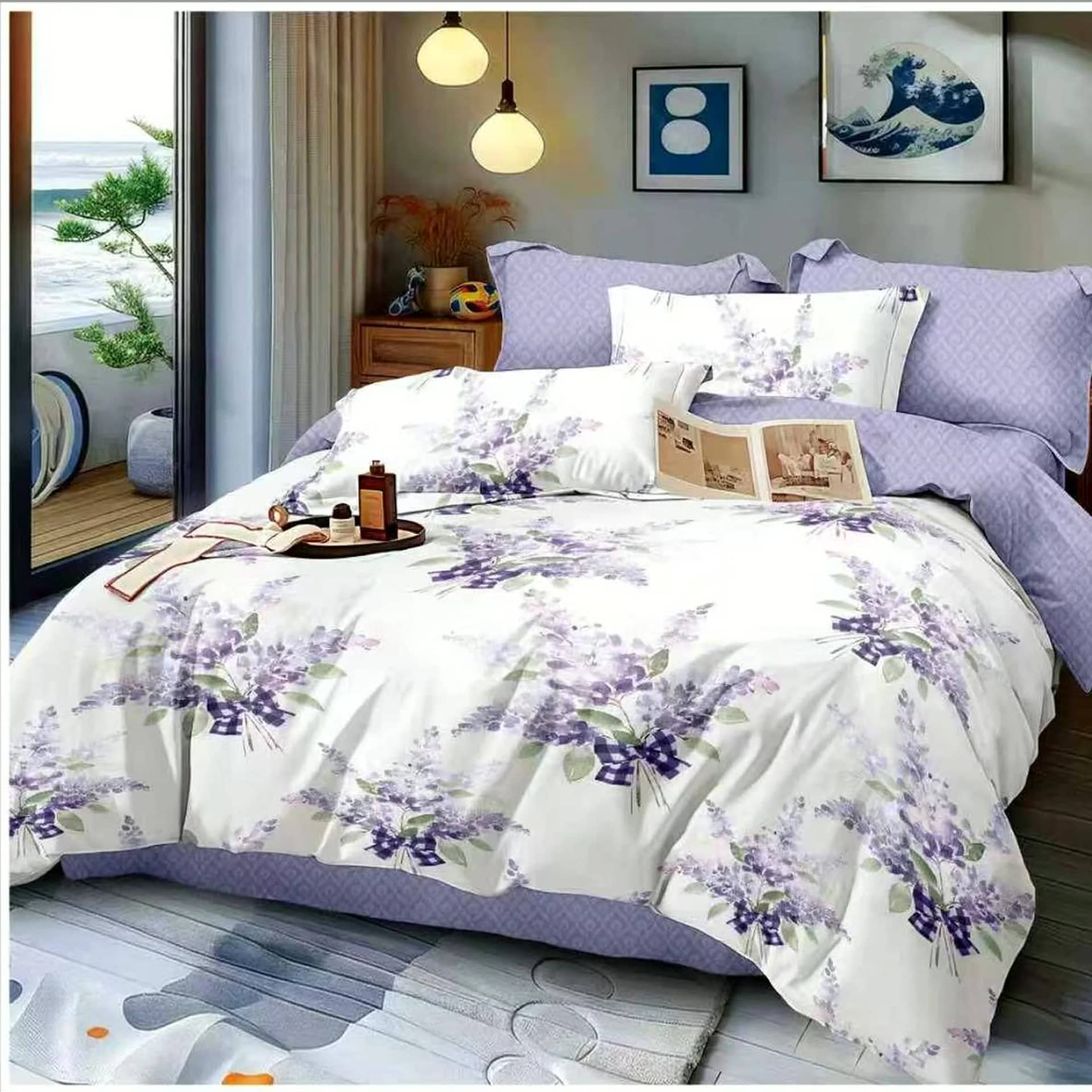 Lenjerie de pat dublu (180x200cm) cu elastic, finet gros 6 piese, model buchete de lavandă