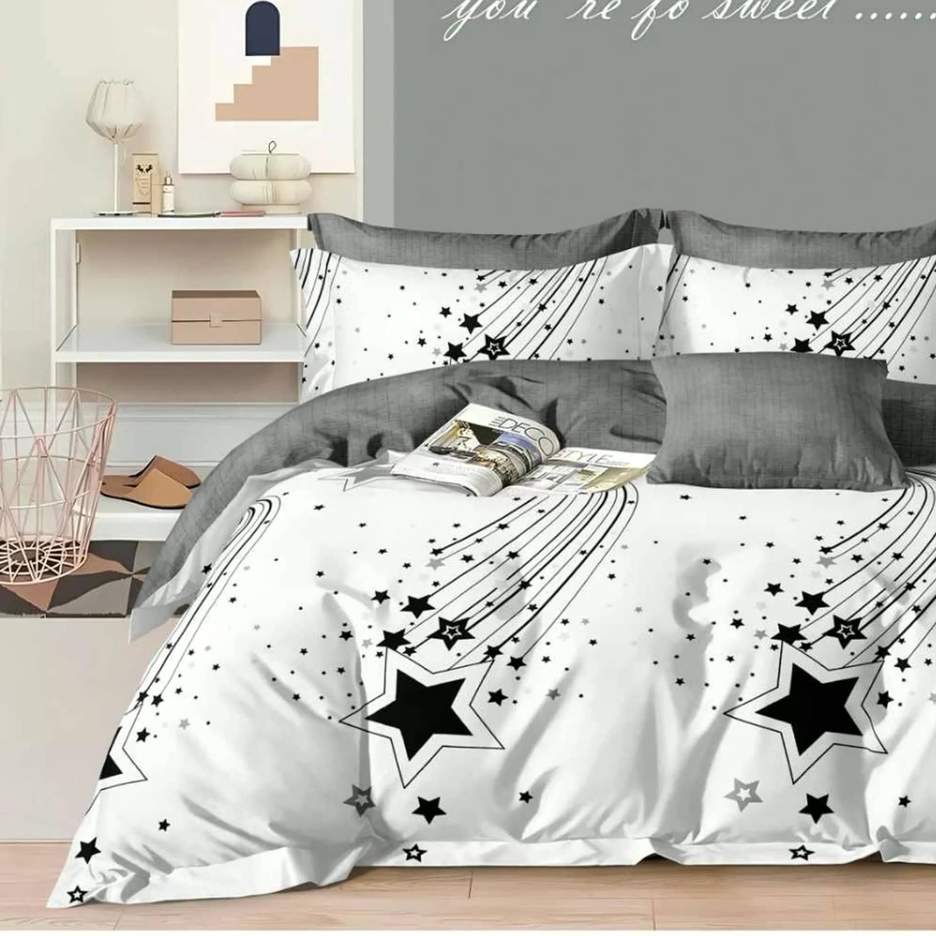 Lenjerie de pat dublu (180x200cm) cu elastic, finet gros 6 piese, model stele căzătoare