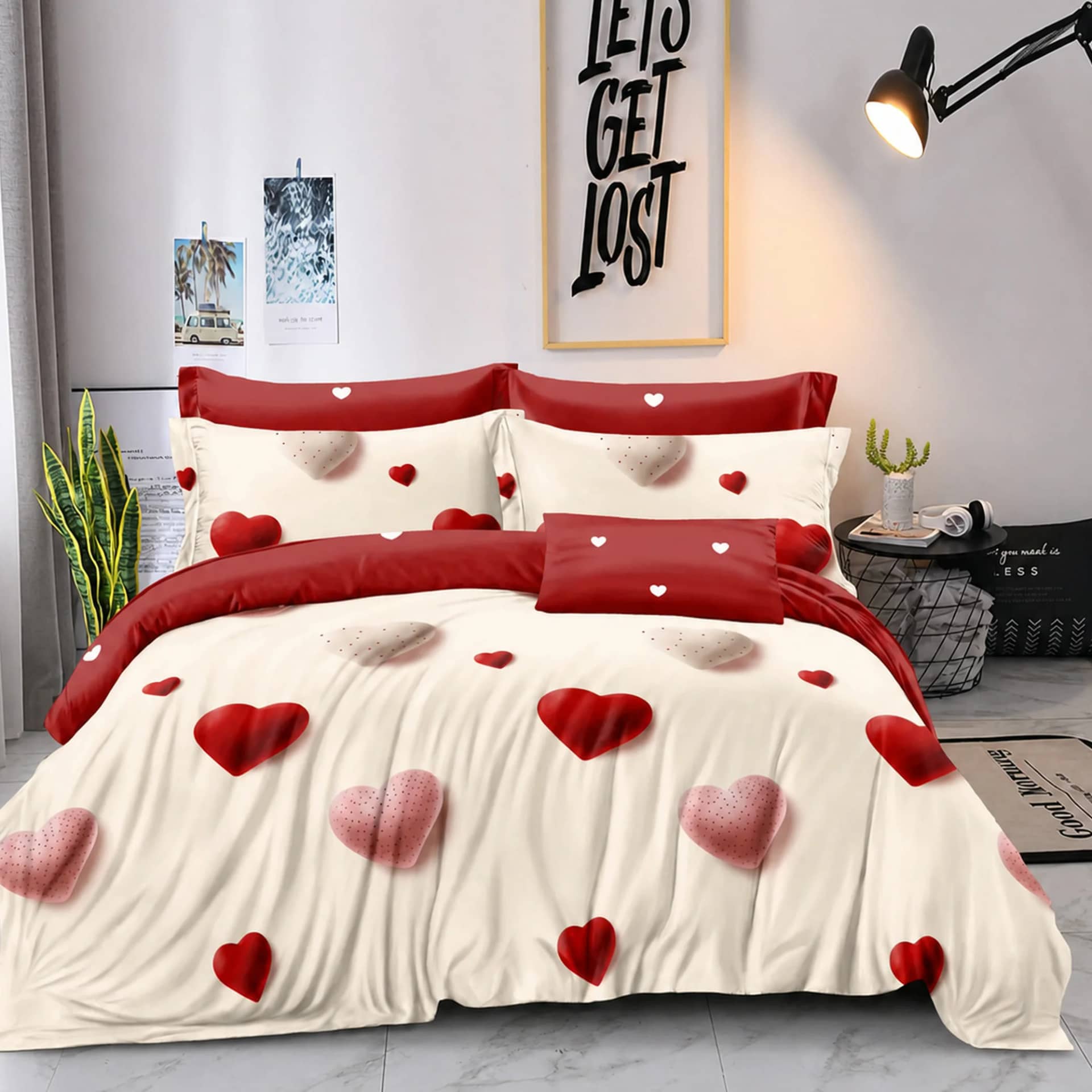 Lenjerie de pat dublu (180x200cm) cu elastic, finet gros 6 piese, model inimioare roșii