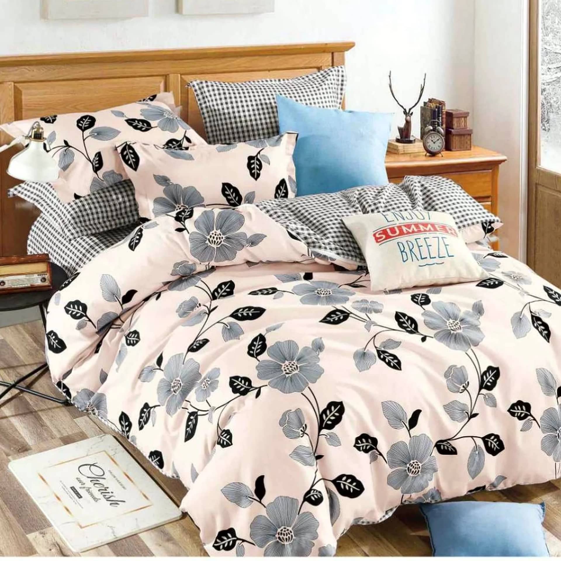 Lenjerie de pat dublu (180x200cm) cu elastic, finet gros 6 piese, model floral roz-gri