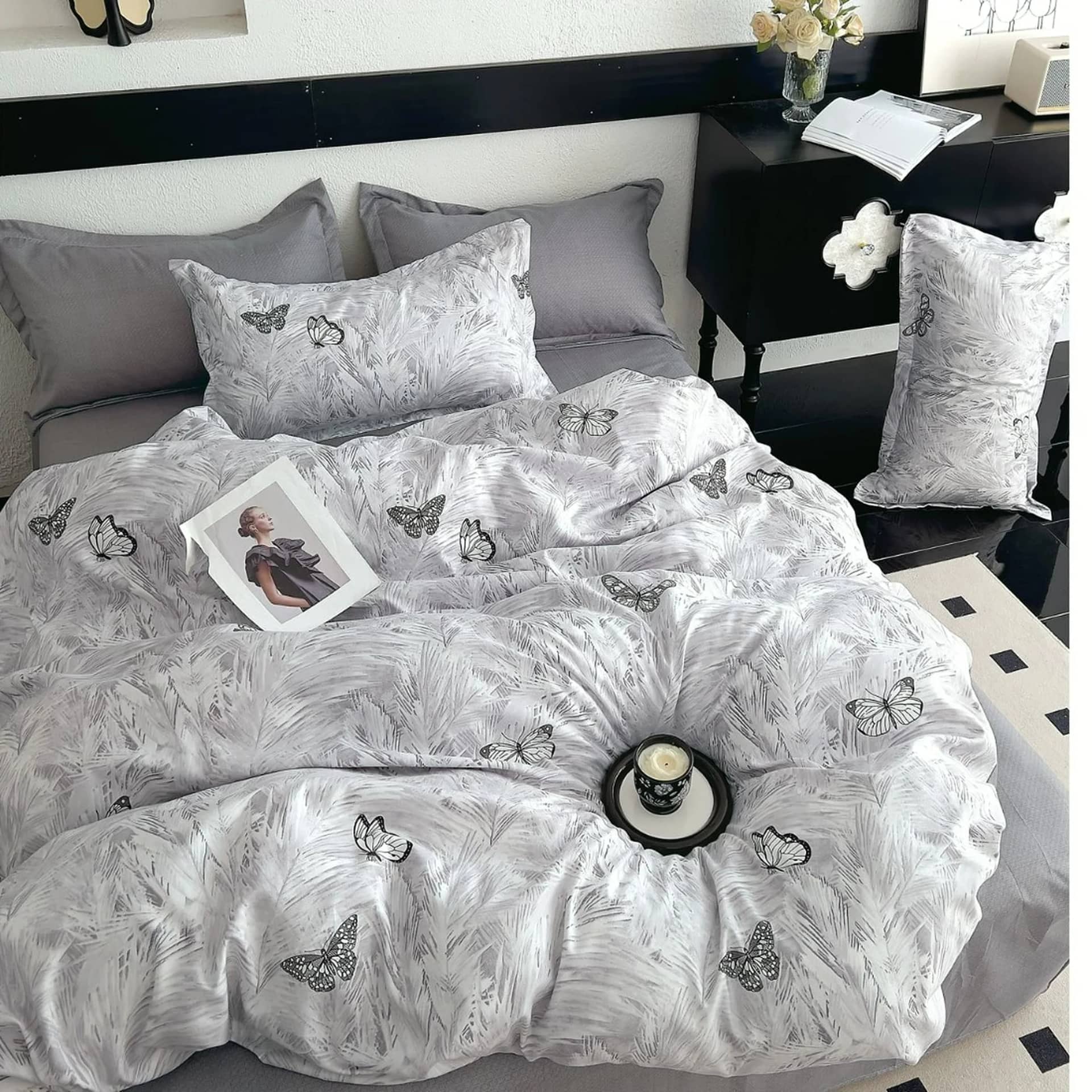 Lenjerie de pat dublu (180x200cm) cu elastic, finet gros 6 piese, model botanic cu fluturi