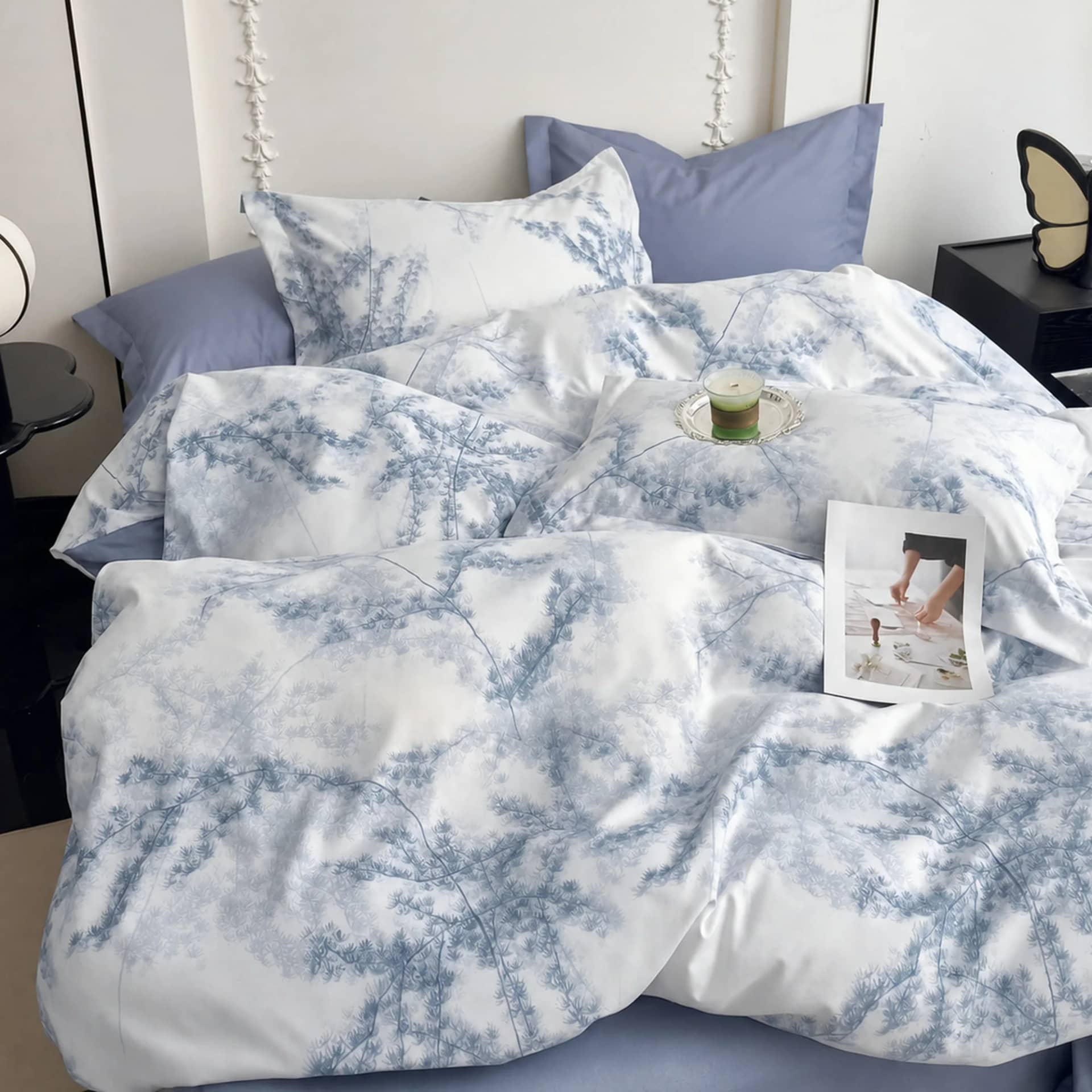 Lenjerie de pat dublu (180x200cm) cu elastic, finet gros 6 piese, model botanic bleu