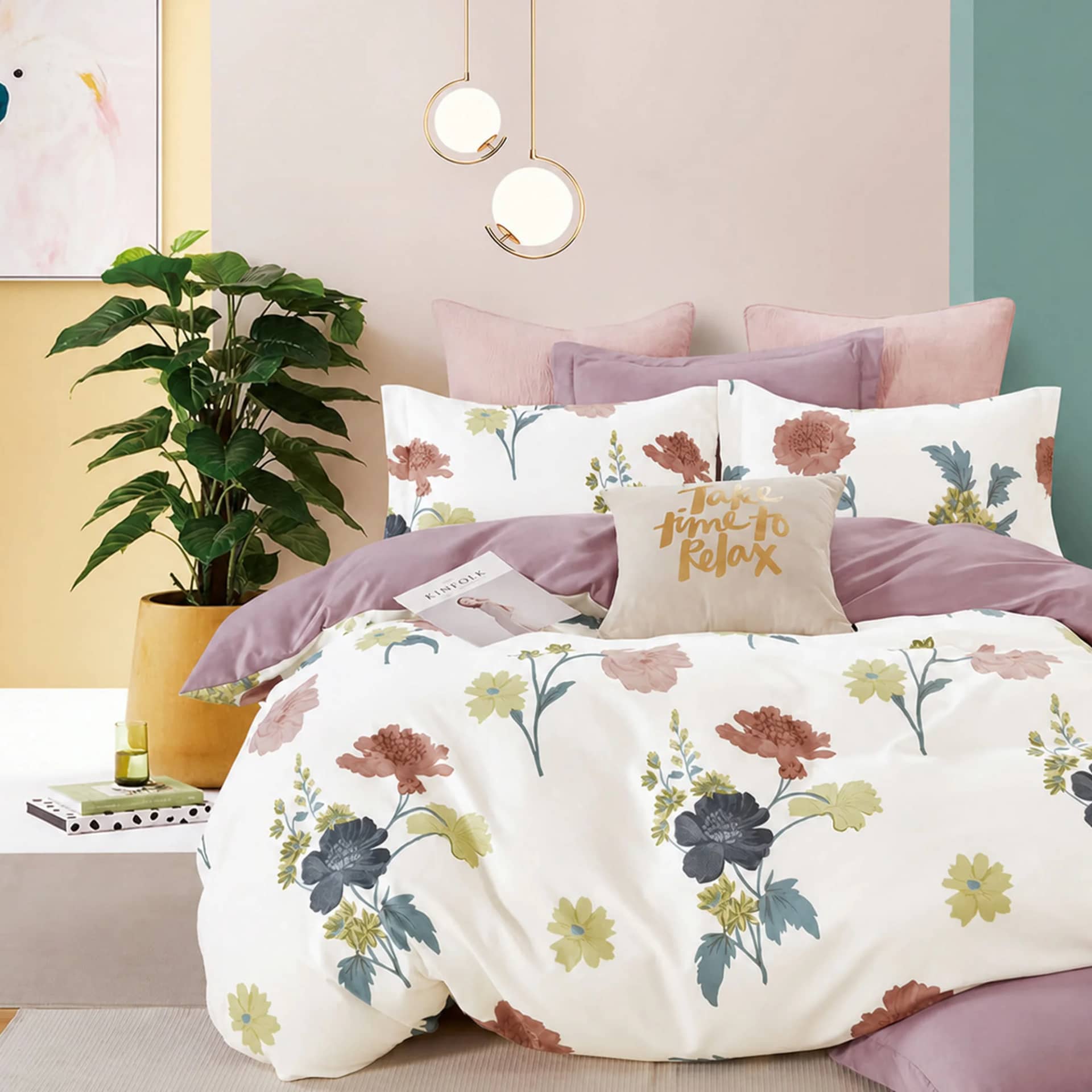 Lenjerie de pat dublu (180x200cm) cu elastic, finet gros 6 piese, model floral botanic multicolor