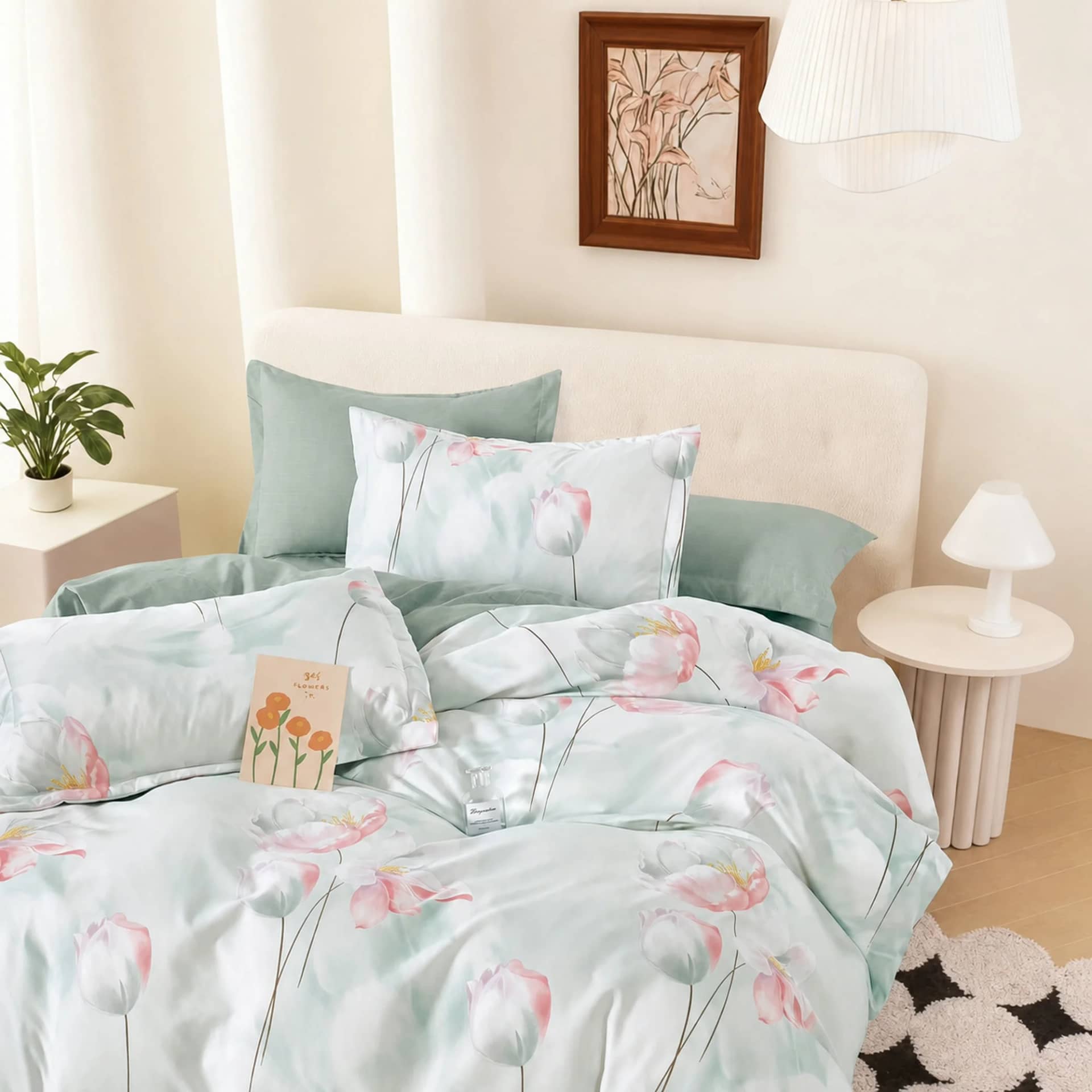 Lenjerie de pat dublu (180x200cm) cu elastic, finet gros 6 piese, model lalele roz-albe