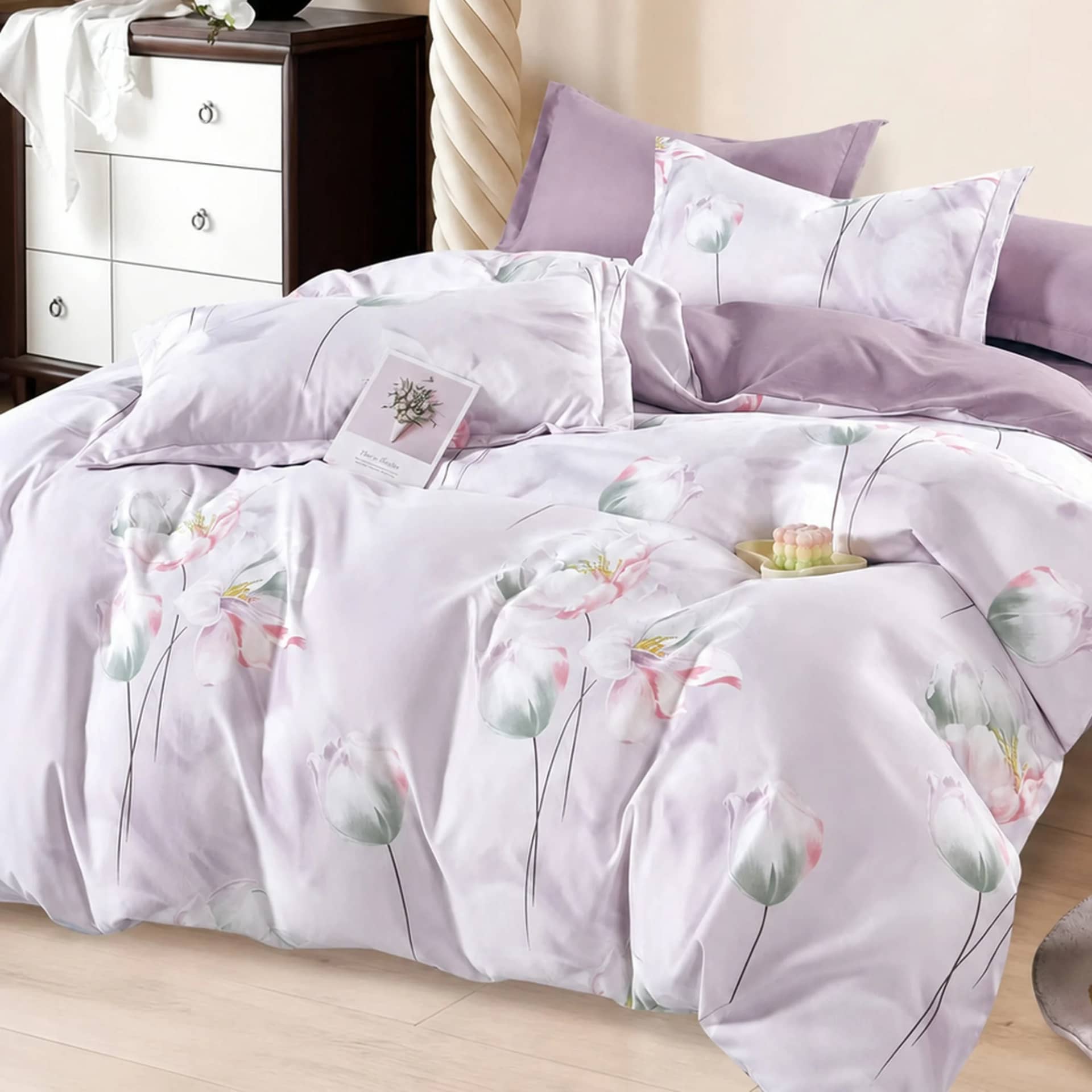 Lenjerie de pat dublu (180x200cm) cu elastic, finet gros 6 piese, model lalele pe roz
