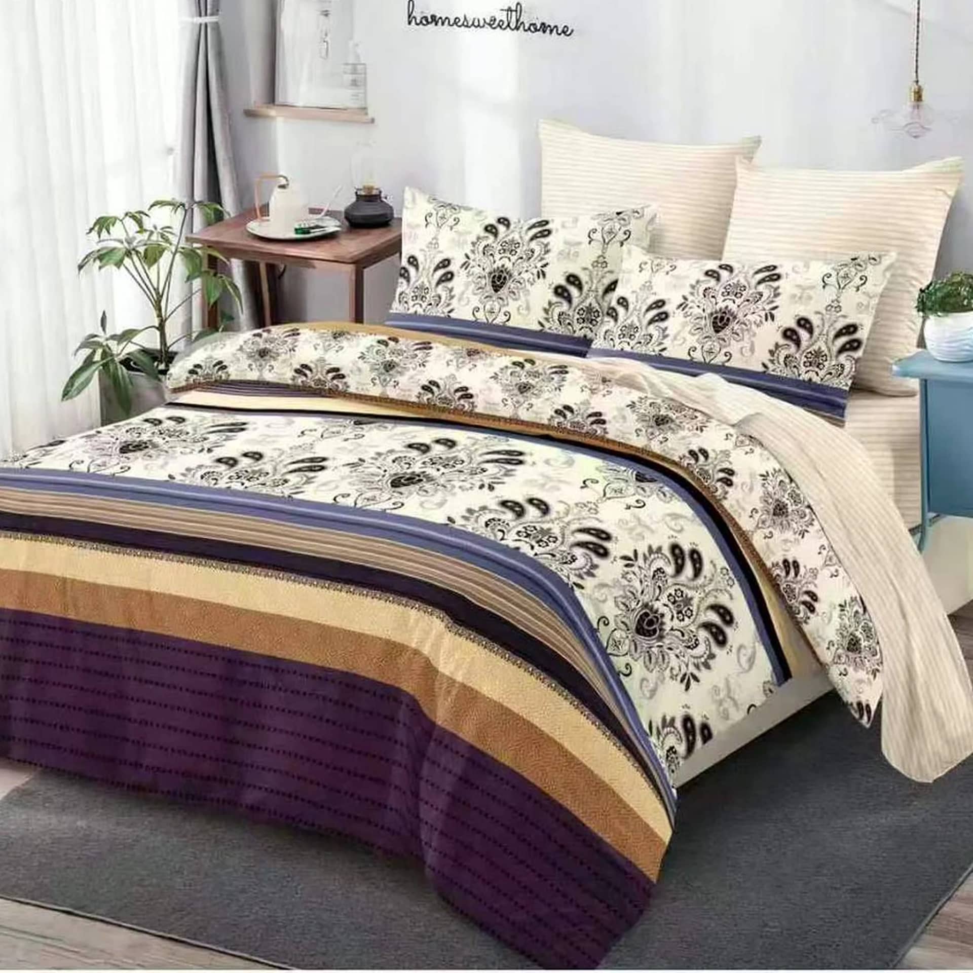 Lenjerie de pat dublu (180x200cm) cu elastic, finet gros 6 piese, model floral cu benzi