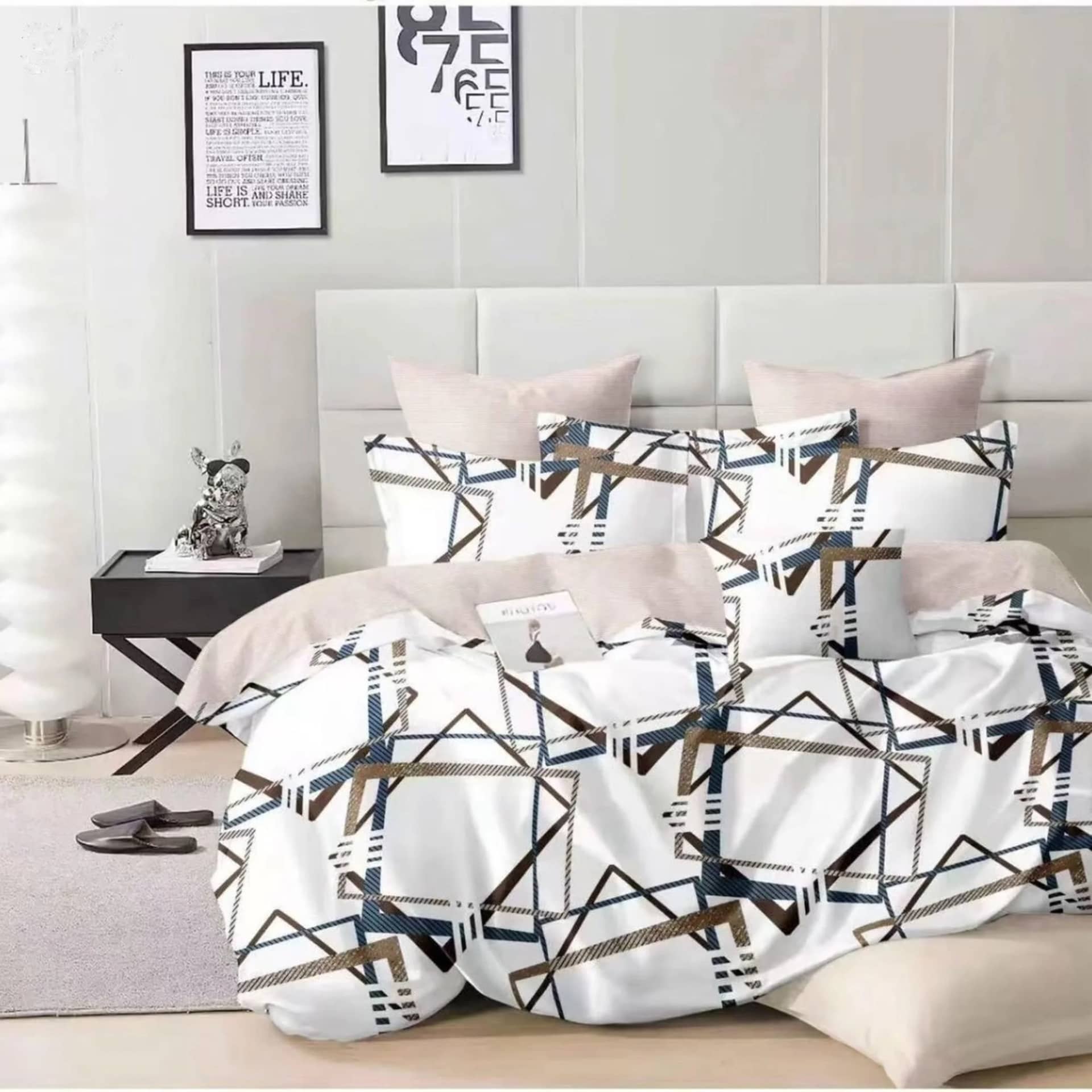 Lenjerie de pat dublu (180x200cm), finet gros 6 piese, model geometric multicolor