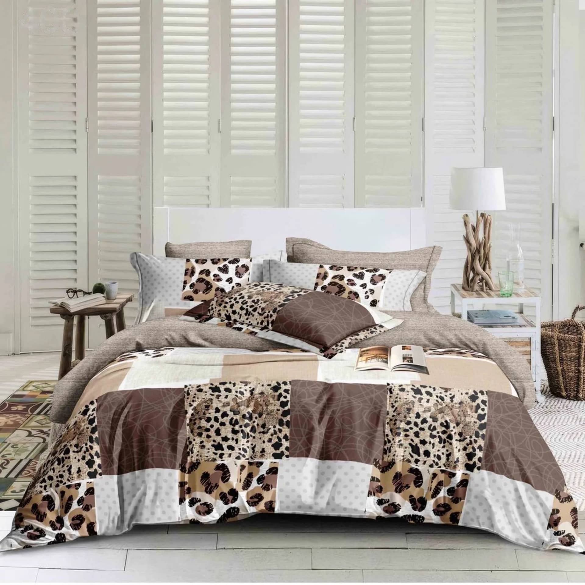 Lenjerie de pat dublu (180x200cm), finet gros 6 piese, model patchwork cu leopard