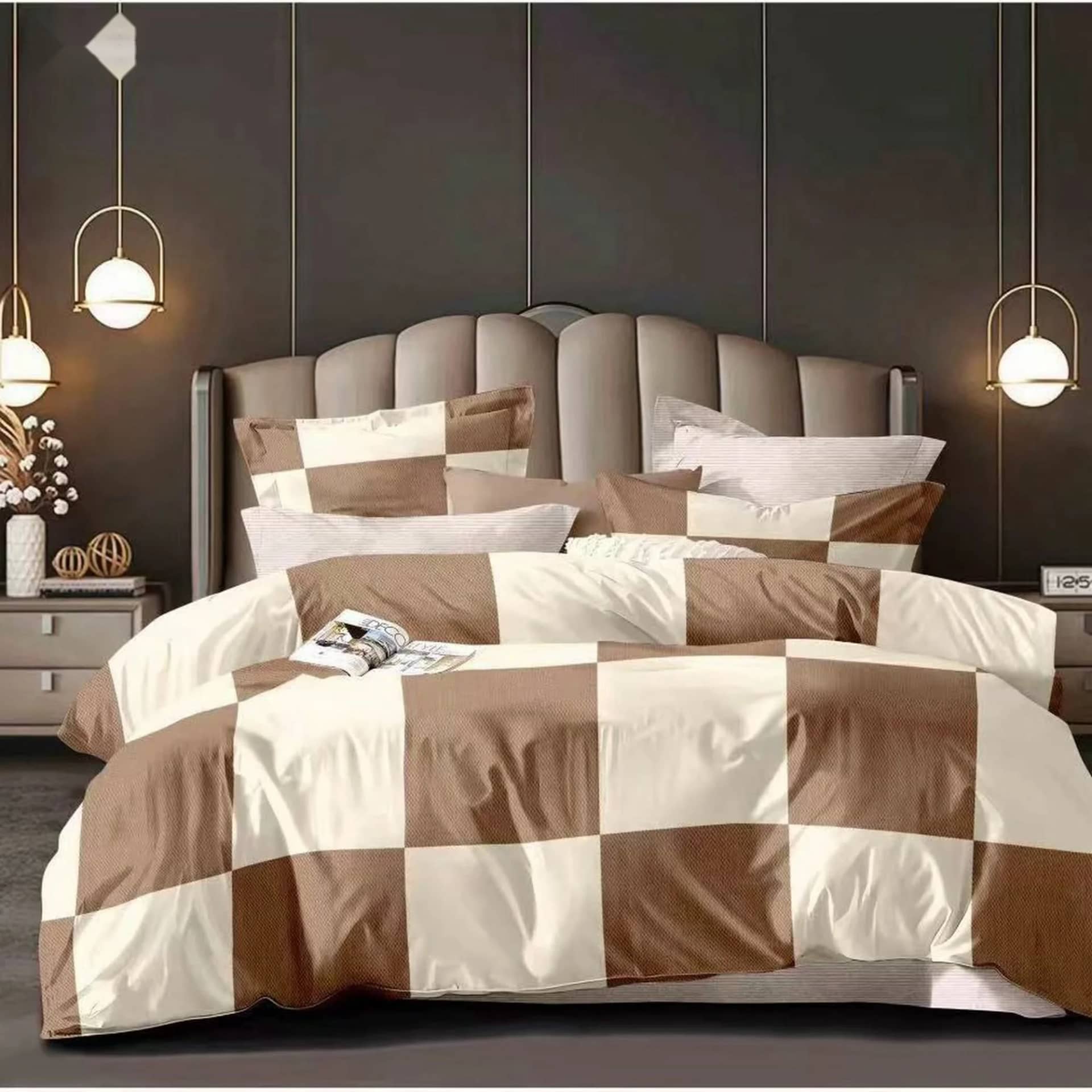 Lenjerie de pat dublu (180x200cm), finet gros 6 piese, model carouri mari crem