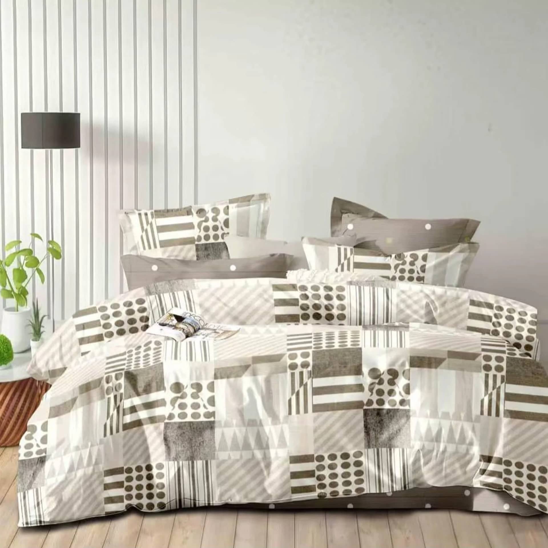 Lenjerie de pat dublu (180x200cm), finet gros 6 piese, model patchwork geometric