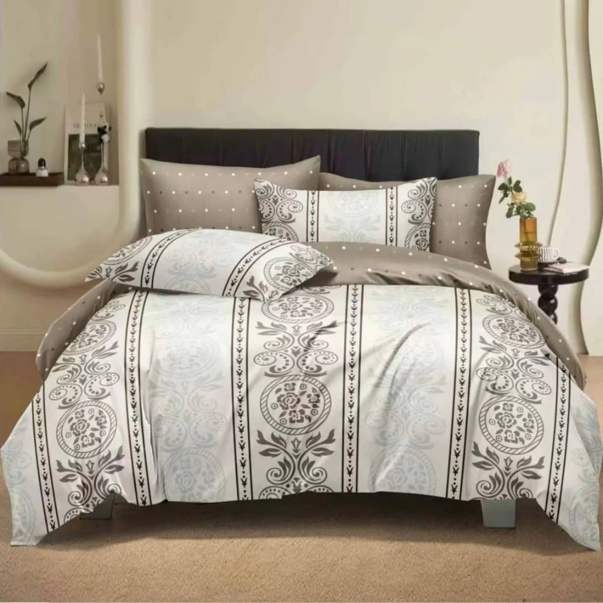 Lenjerie de pat dublu (180x200cm), finet gros 6 piese, model arabesc vertical taupe