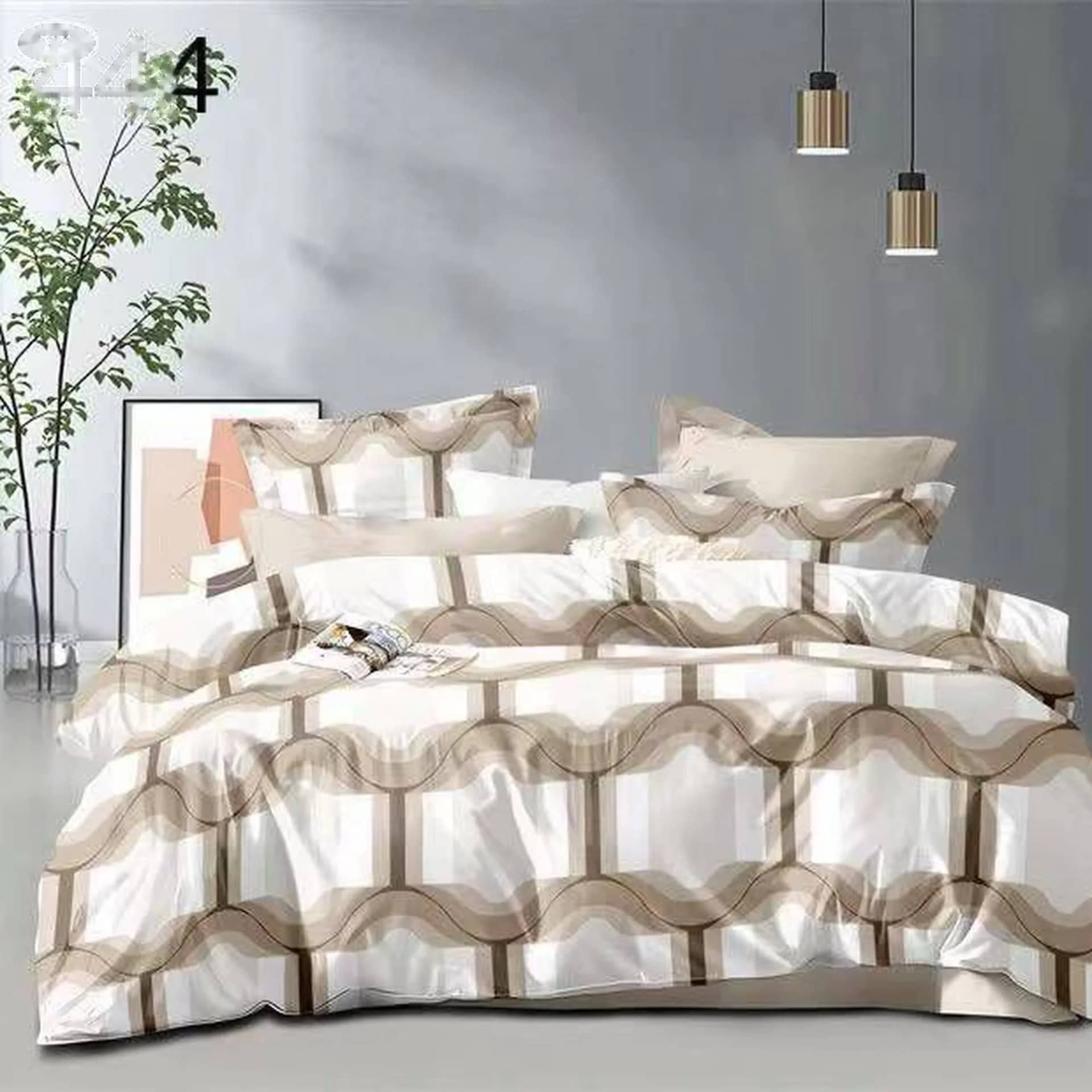 Lenjerie de pat dublu (180x200cm), finet gros 6 piese, model valuri geometrice taupe