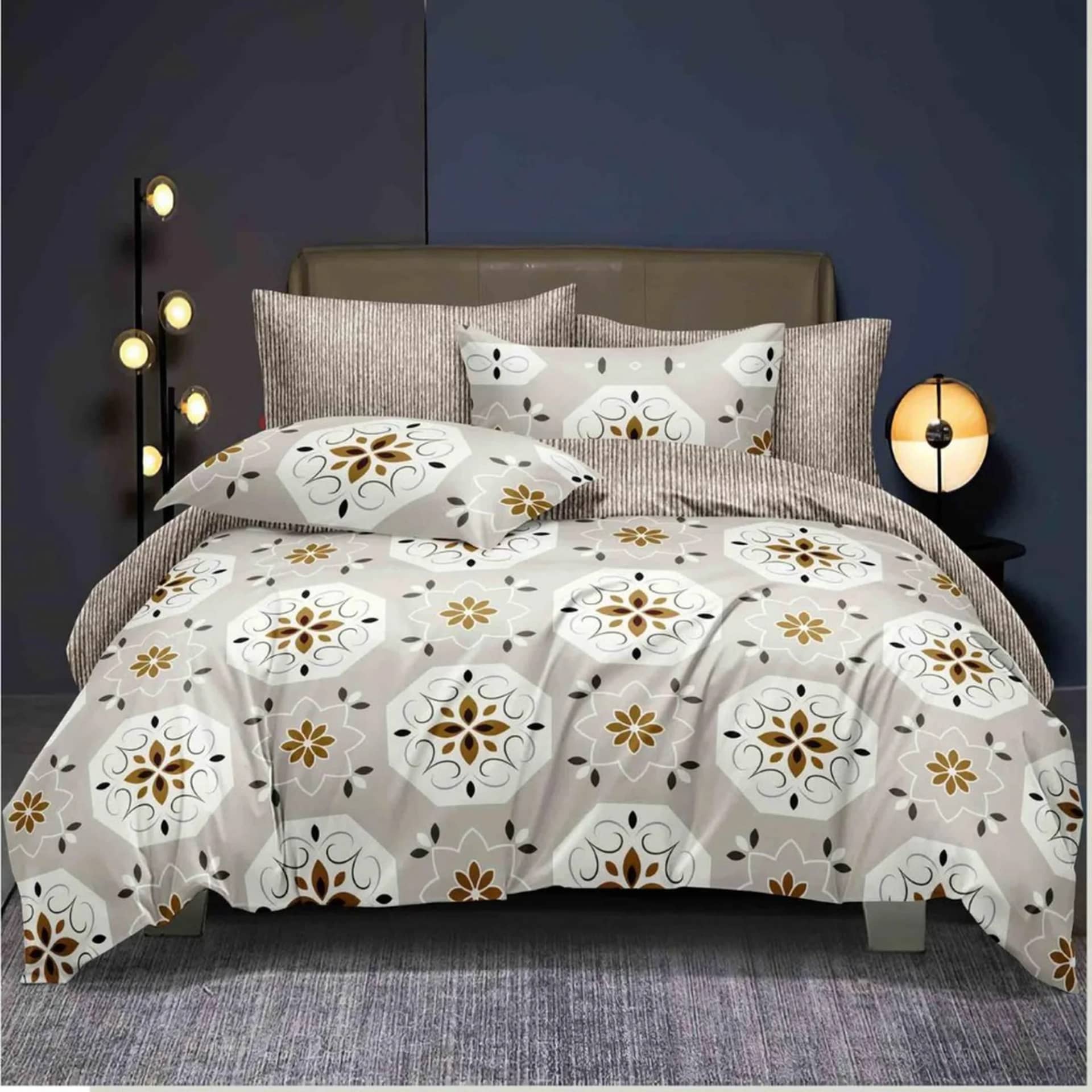 Lenjerie de pat dublu (180x200cm), finet gros 6 piese, model medalioane florale