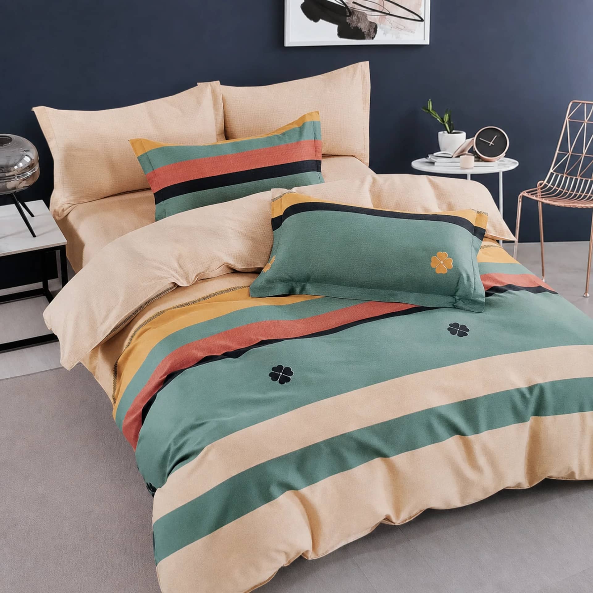 Lenjerie de pat dublu (180x200cm) din 100% bumbac natural, 6 piese, model dungi multicolore