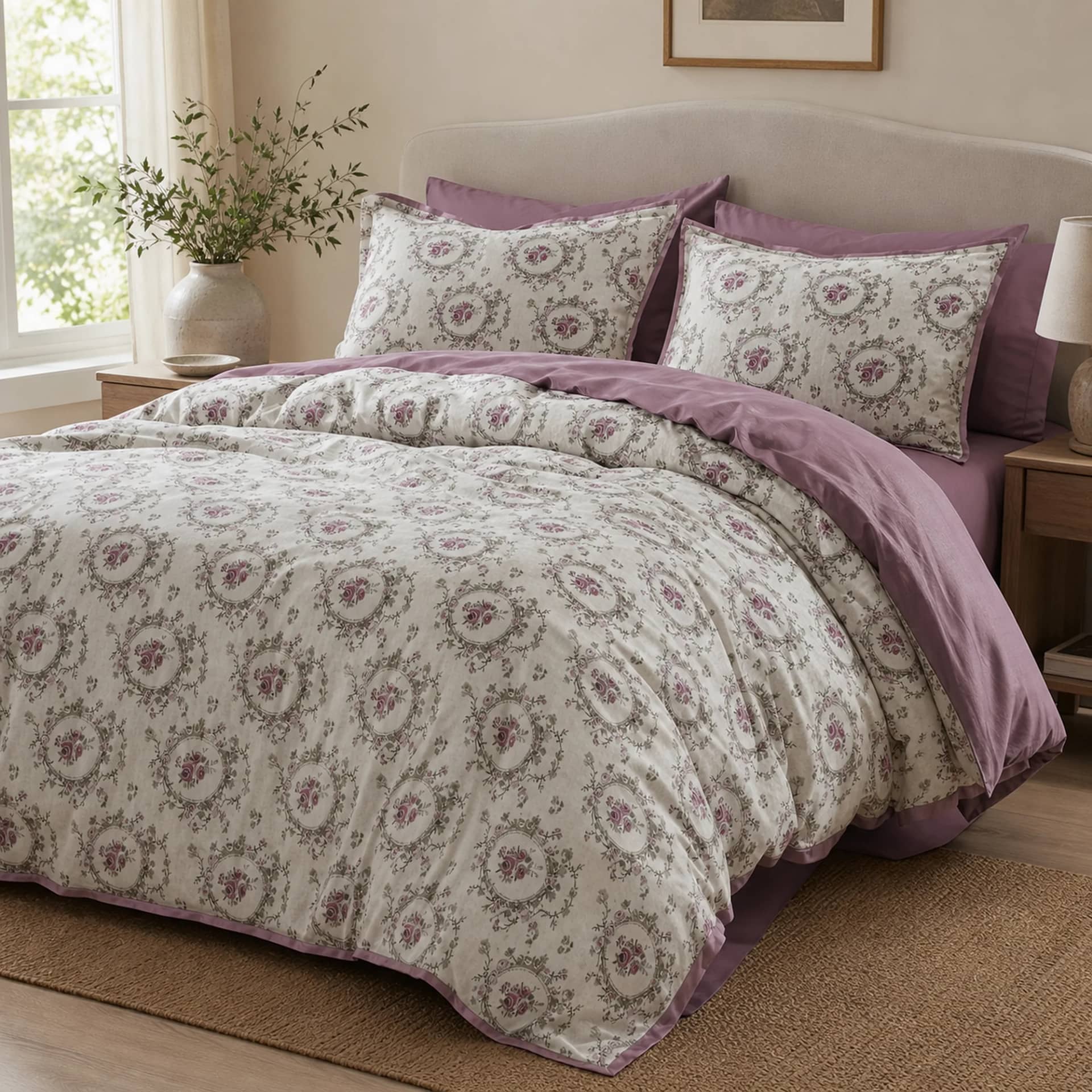 Lenjerie de pat dublu (180x200cm) din 100% bumbac natural, 6 piese, model medalioane florale
