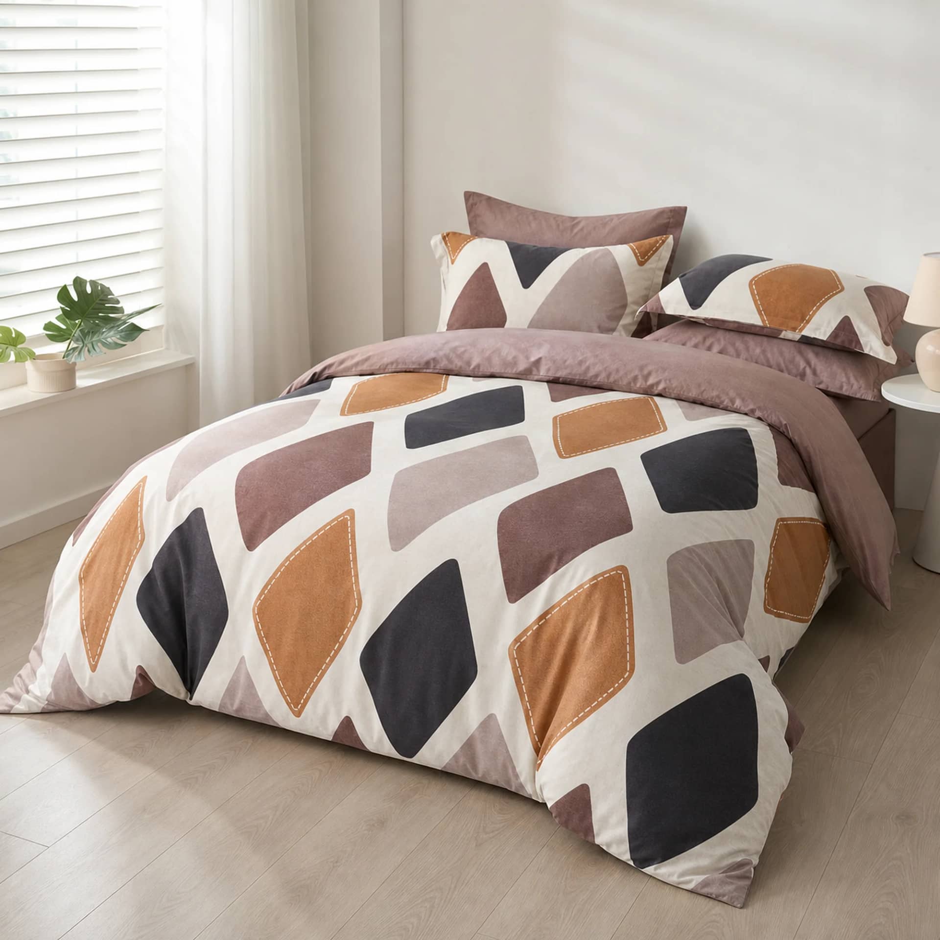 Lenjerie de pat dublu (180x200cm) din 100% bumbac natural, 6 piese, model geometric abstract