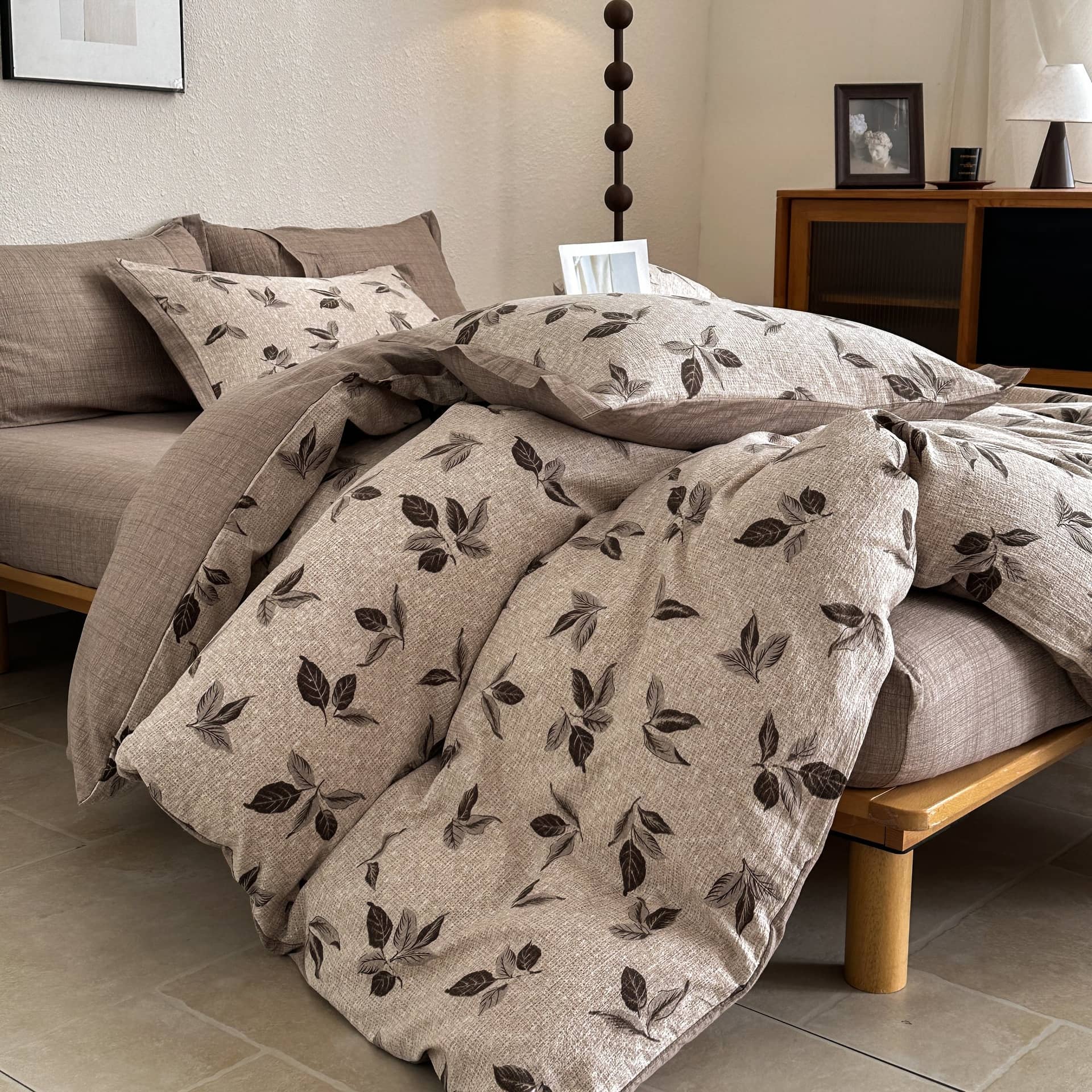 COLORFUL HOME® · Lenjerie de pat dublu (180x200cm) cu elastic, 4 piese, efect de in și bumbac, model cu frunze