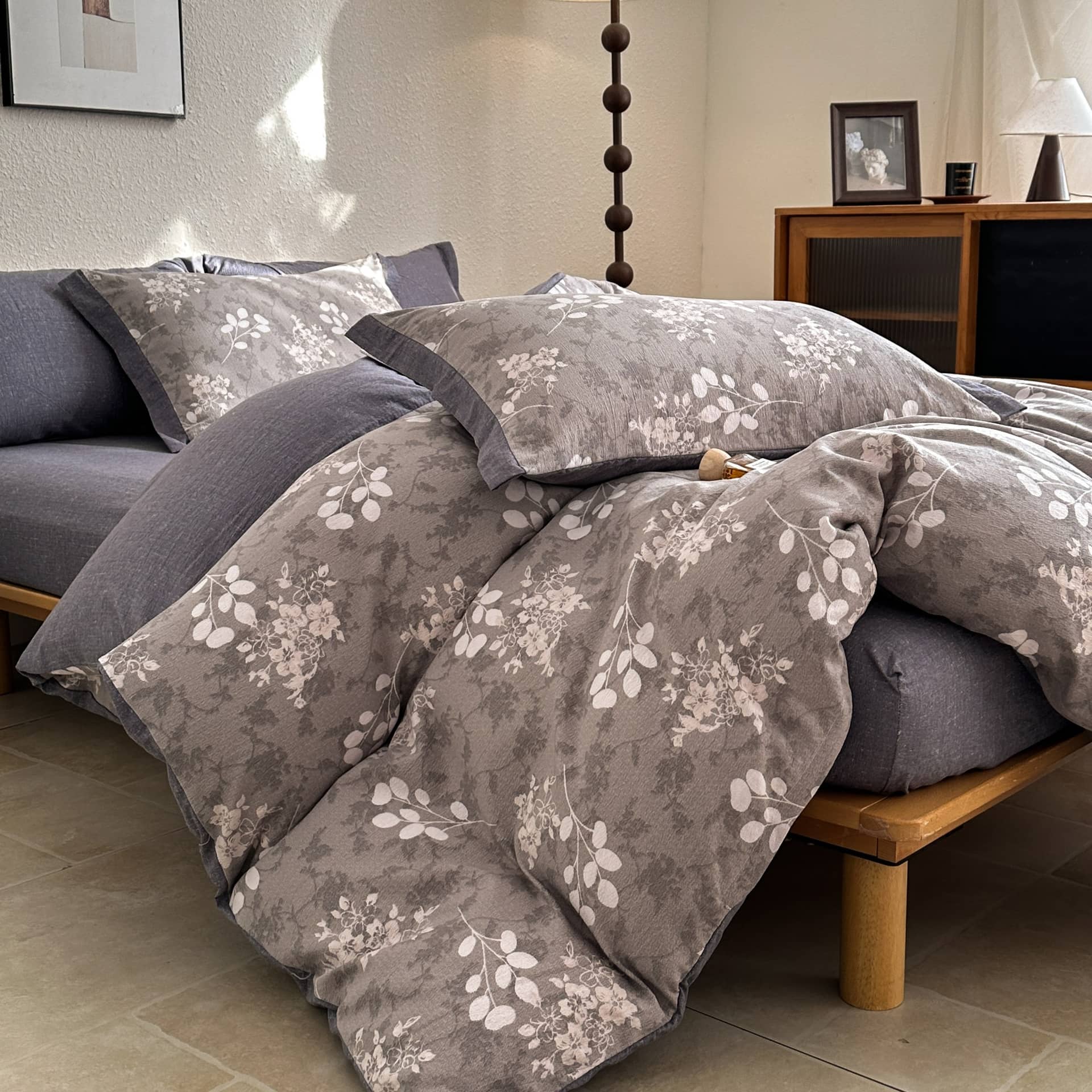 COLORFUL HOME® · Lenjerie de pat dublu (180x200cm) cu elastic, efect de in și bumbac, 4 piese, model frunze