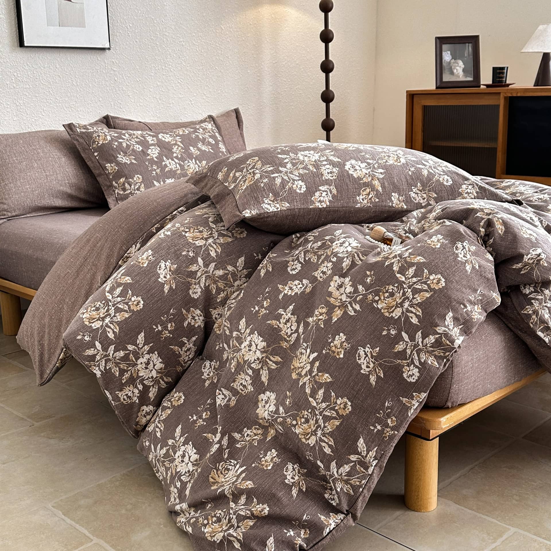 COLORFUL HOME® · Lenjerie de pat dublu (180x200cm) cu elastic, efect de in și bumbac, 4 piese, model botanic