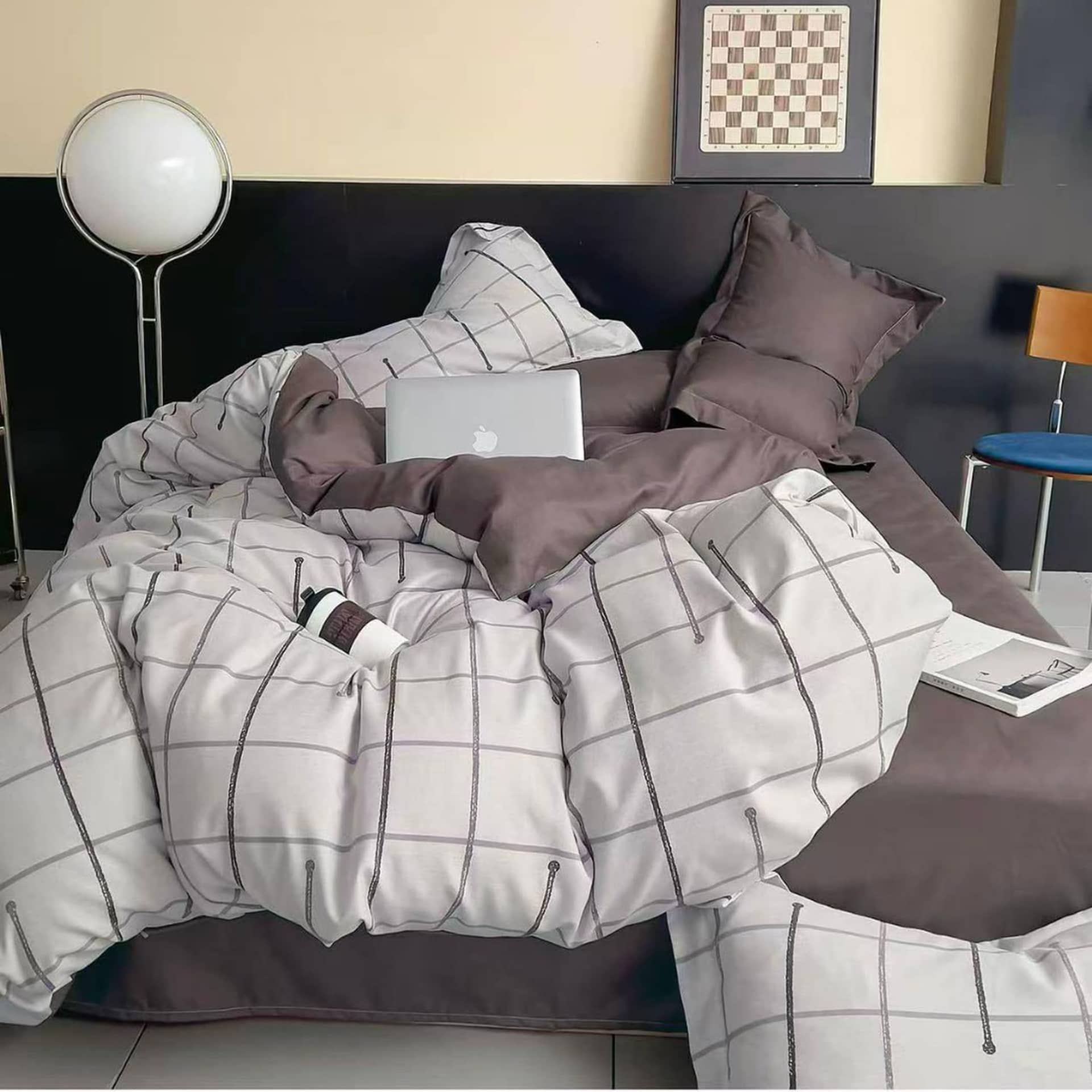 Lenjerie de pat dublu (180x200cm), finet gros 6 piese, model carouri gri-maro