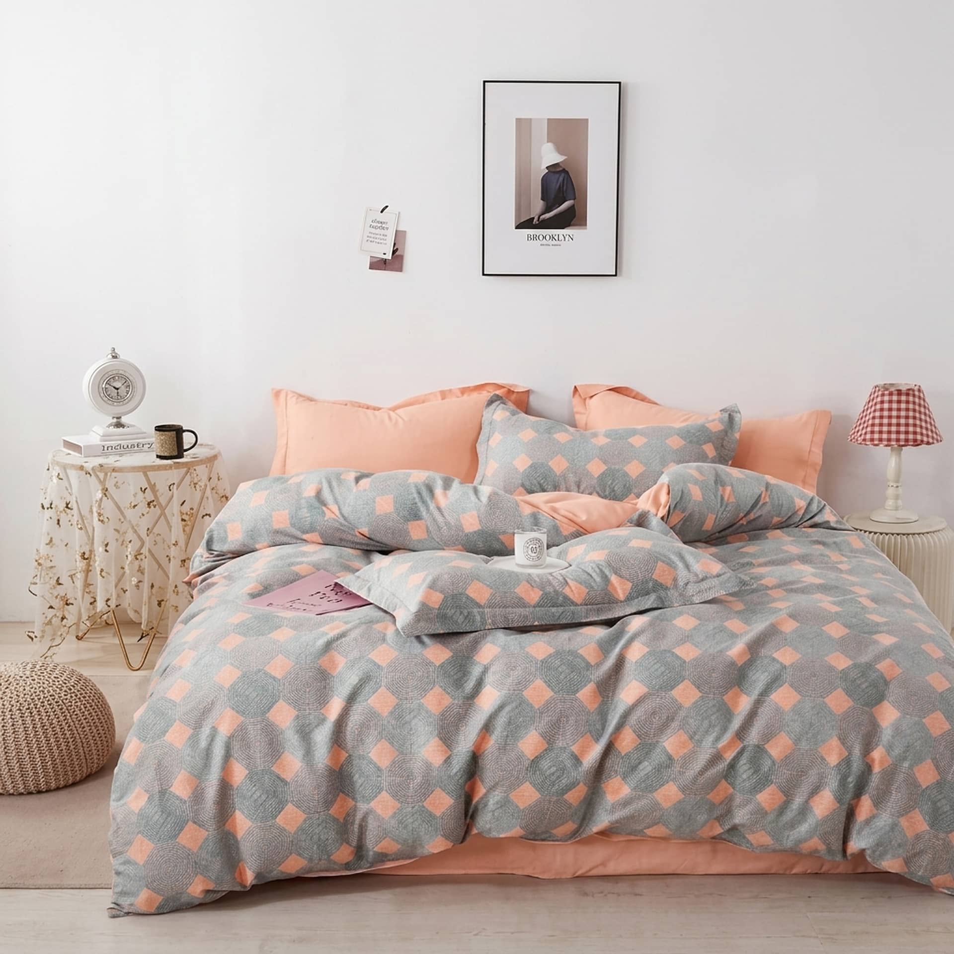 Lenjerie de pat dublu (180x200cm) din 100% bumbac natural, 6 piese, model romburi
