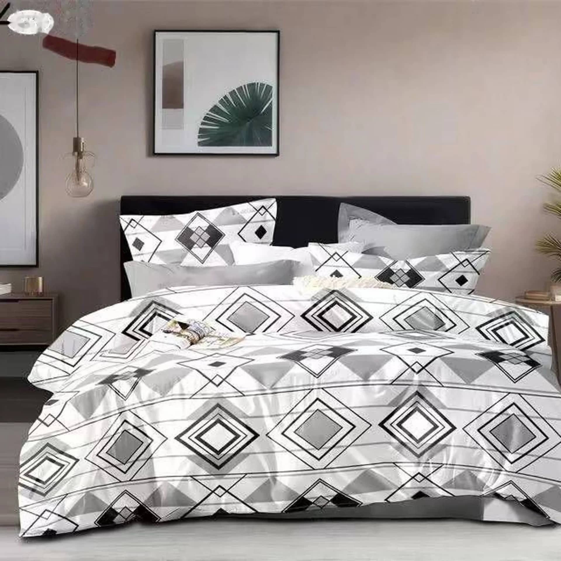 Lenjerie de pat dublu (180x200cm), finet gros 6 piese, model geometric alb-gri-negru