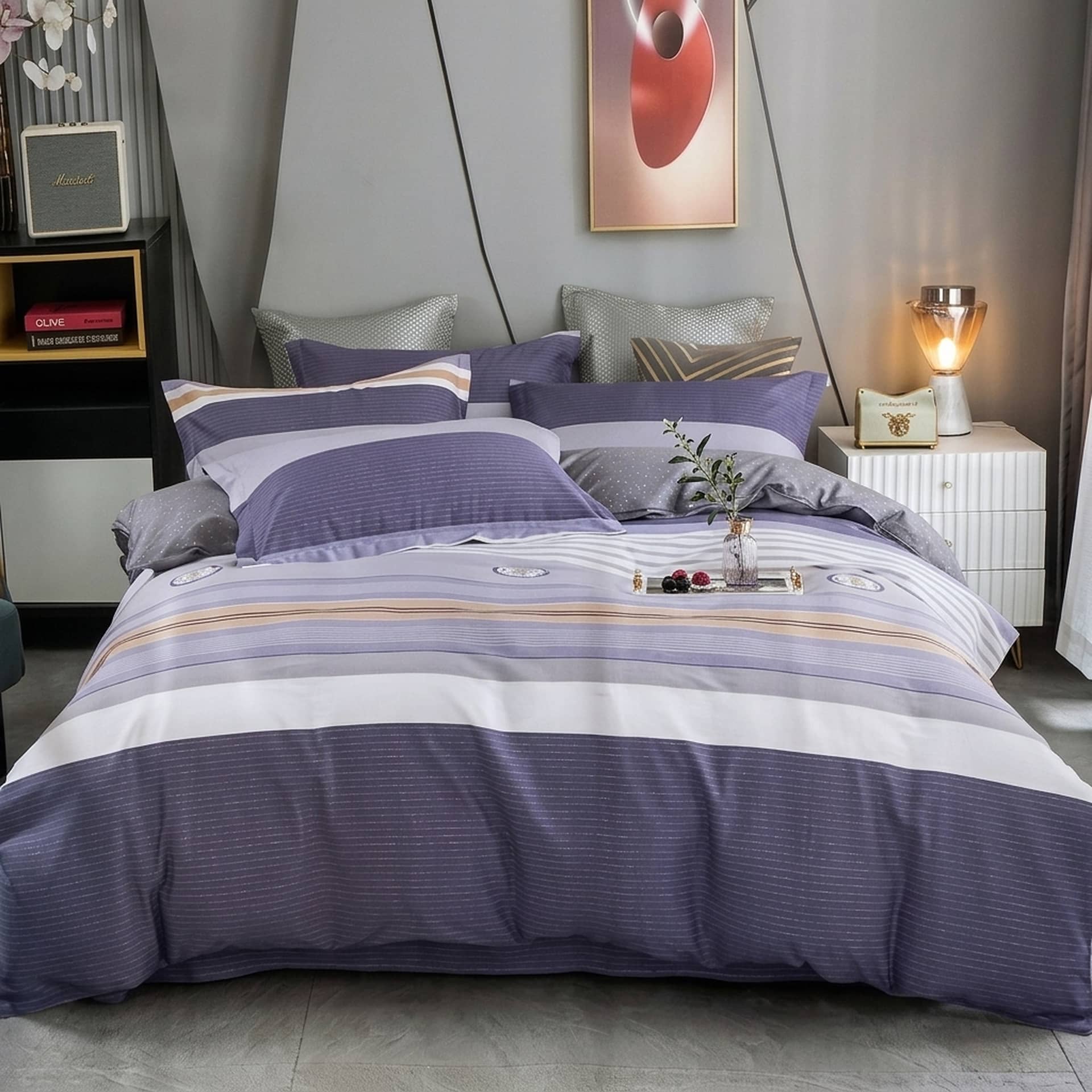 Lenjerie de pat dublu (180x200cm) din 100% bumbac natural, 6 piese, model dungi bleumarin